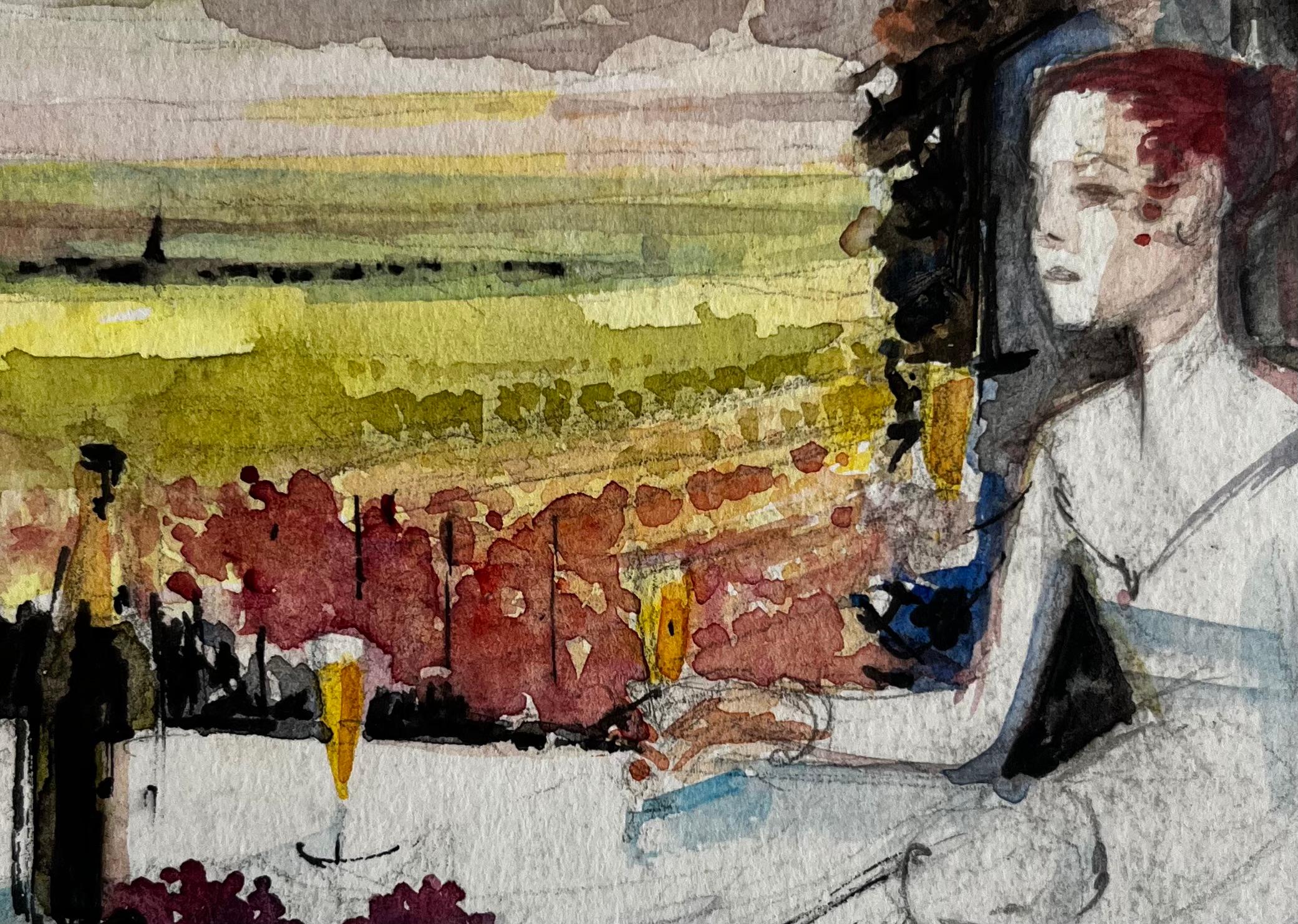 Donna con vino al tramonto Acquerello francese modernista con figura e paesaggio in vendita 2