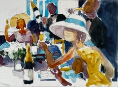 Pierre Neveu - Champagne Garden Party French Modernist Watercolor Figures at Table Champagne Garden Party French Modernist Watercolor Figures at Table