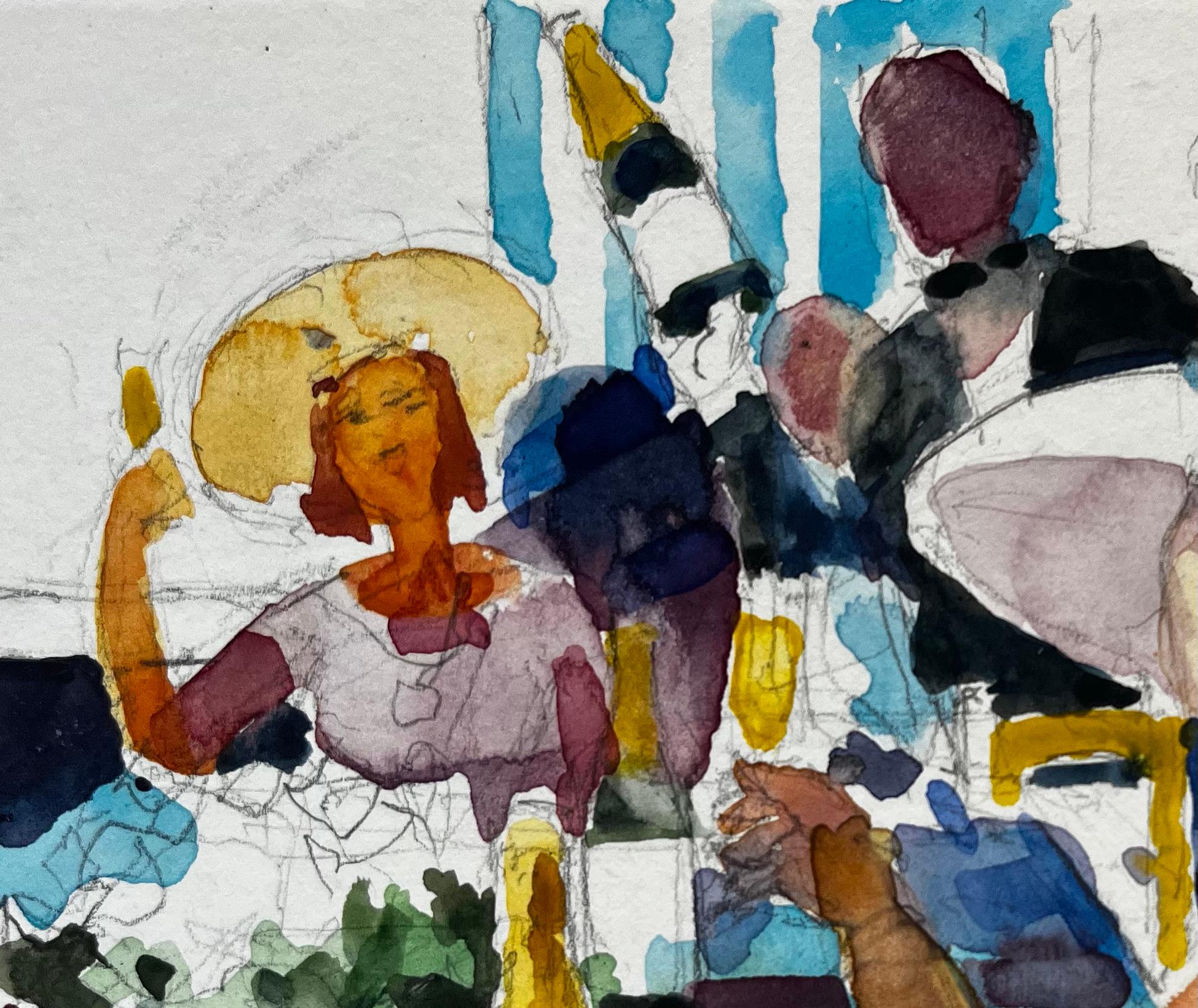 Champagne Garden Party French Modernist Watercolor Figures at Table - Post-Impressionist Art by Pierre Neveu