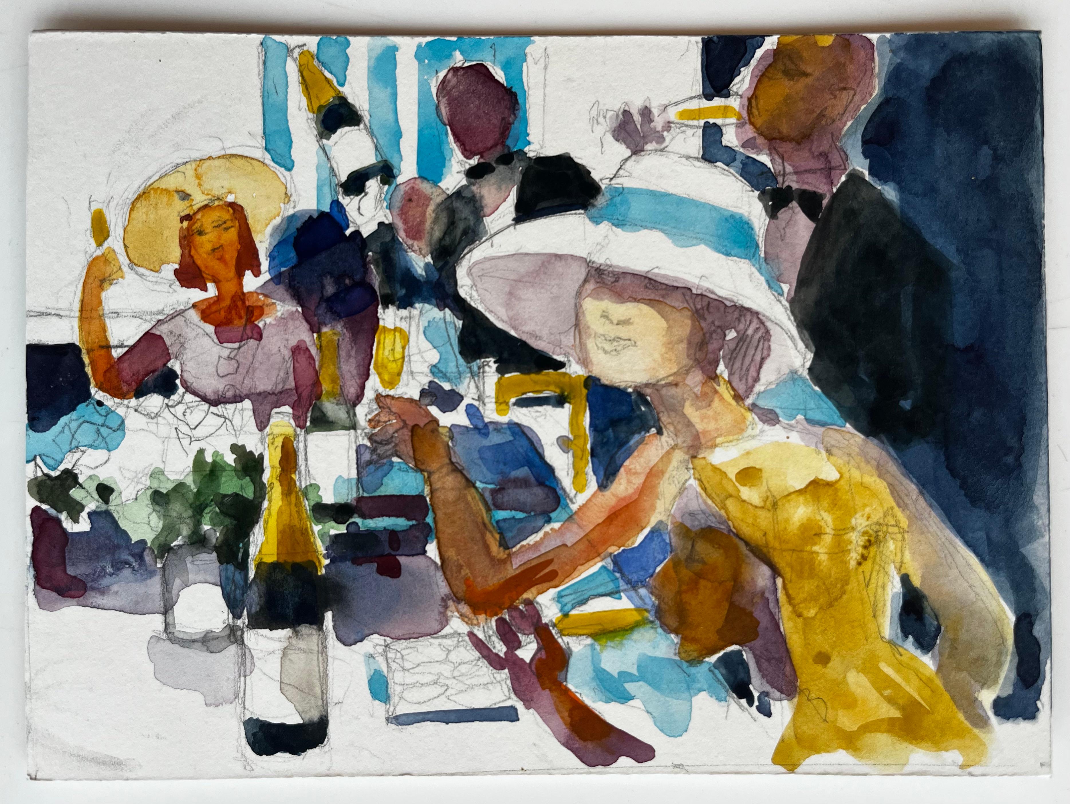 Champagne Garden Party French Modernist Watercolor Figures at Table - Art by Pierre Neveu