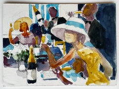 Champagne Garden Party French Modernist Watercolor Figures at Table