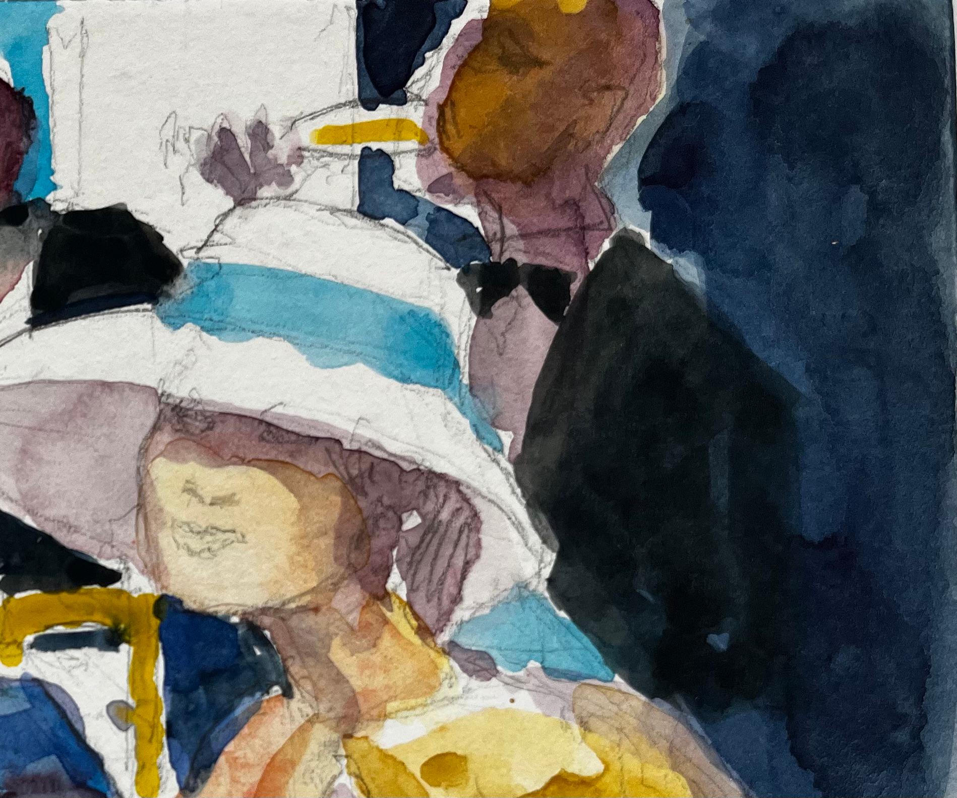 Champagne Garden Party French Modernist Watercolor Figures at Table - Brown Figurative Art by Pierre Neveu