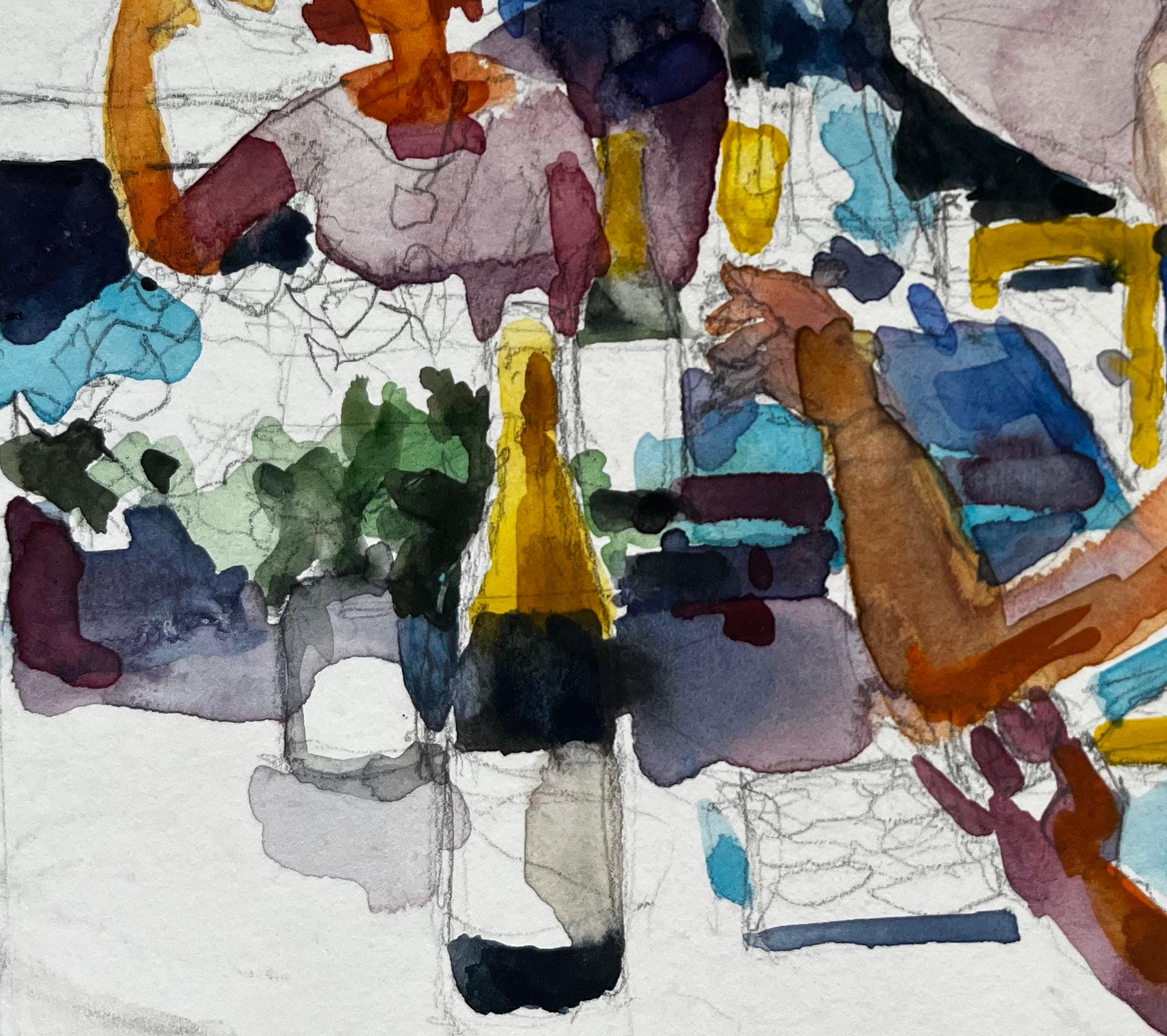 Champagne Garden Party French Modernist Watercolor Figures at Table For Sale 1