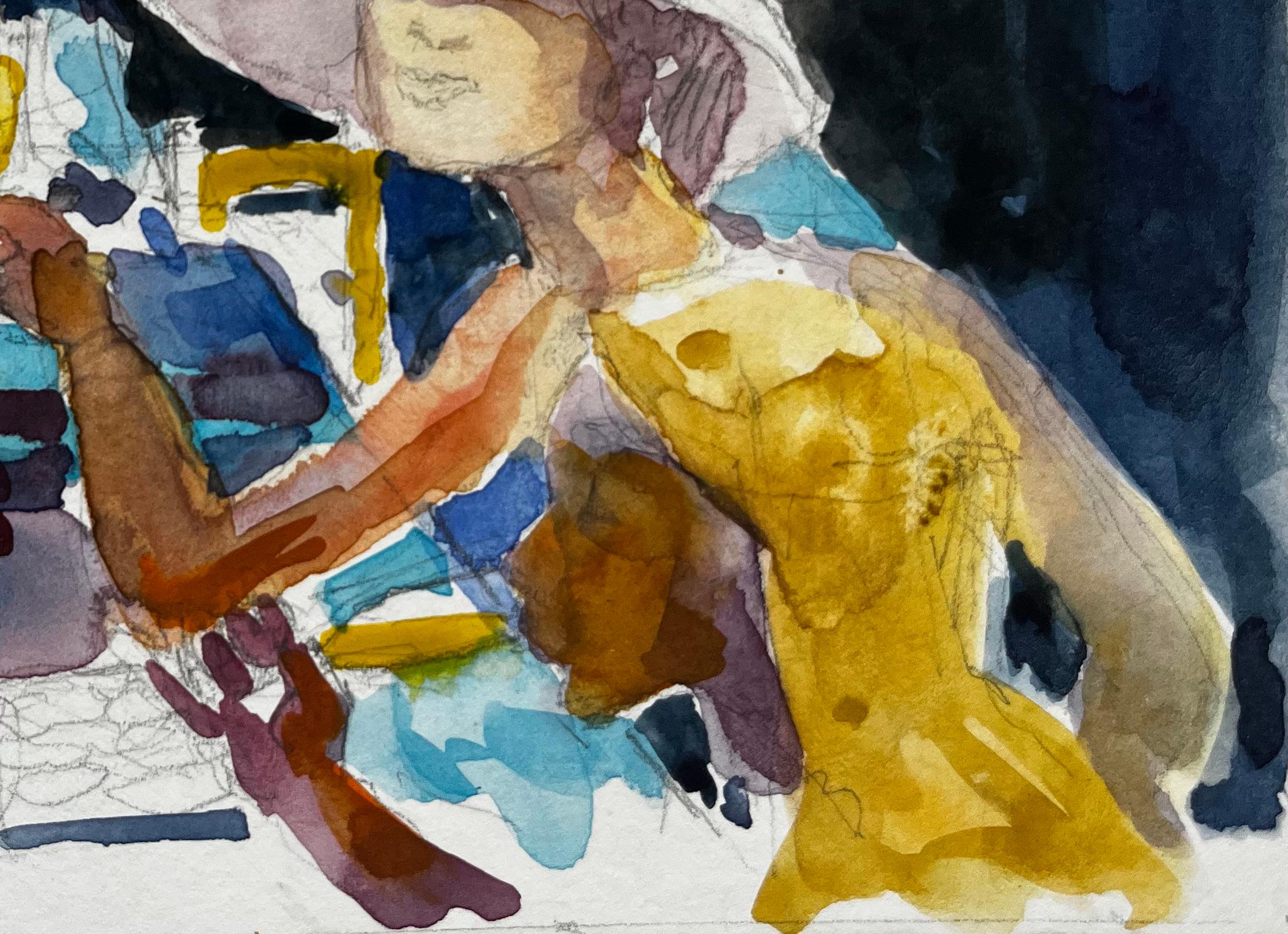 Title: Champagne Garden Party French Modernist Watercolor Figures at Table
Artist: Pierre Neveu (French b.1929)
Medium: Watercolour on card, unframed
Size (H x W): 5.25 x 7.25 inches
Condition: Good overall, with light age toning and minor handling
