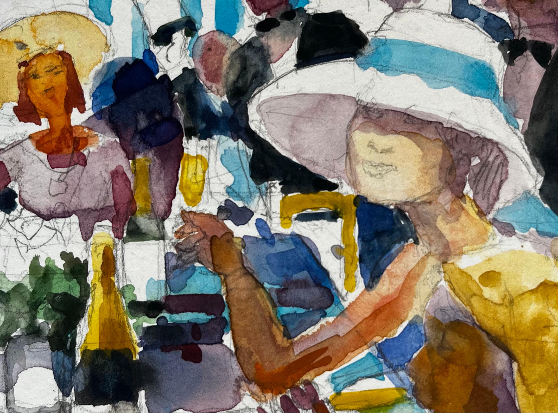 Champagne Garden Party French Modernist Watercolor Figures at Table For Sale 2