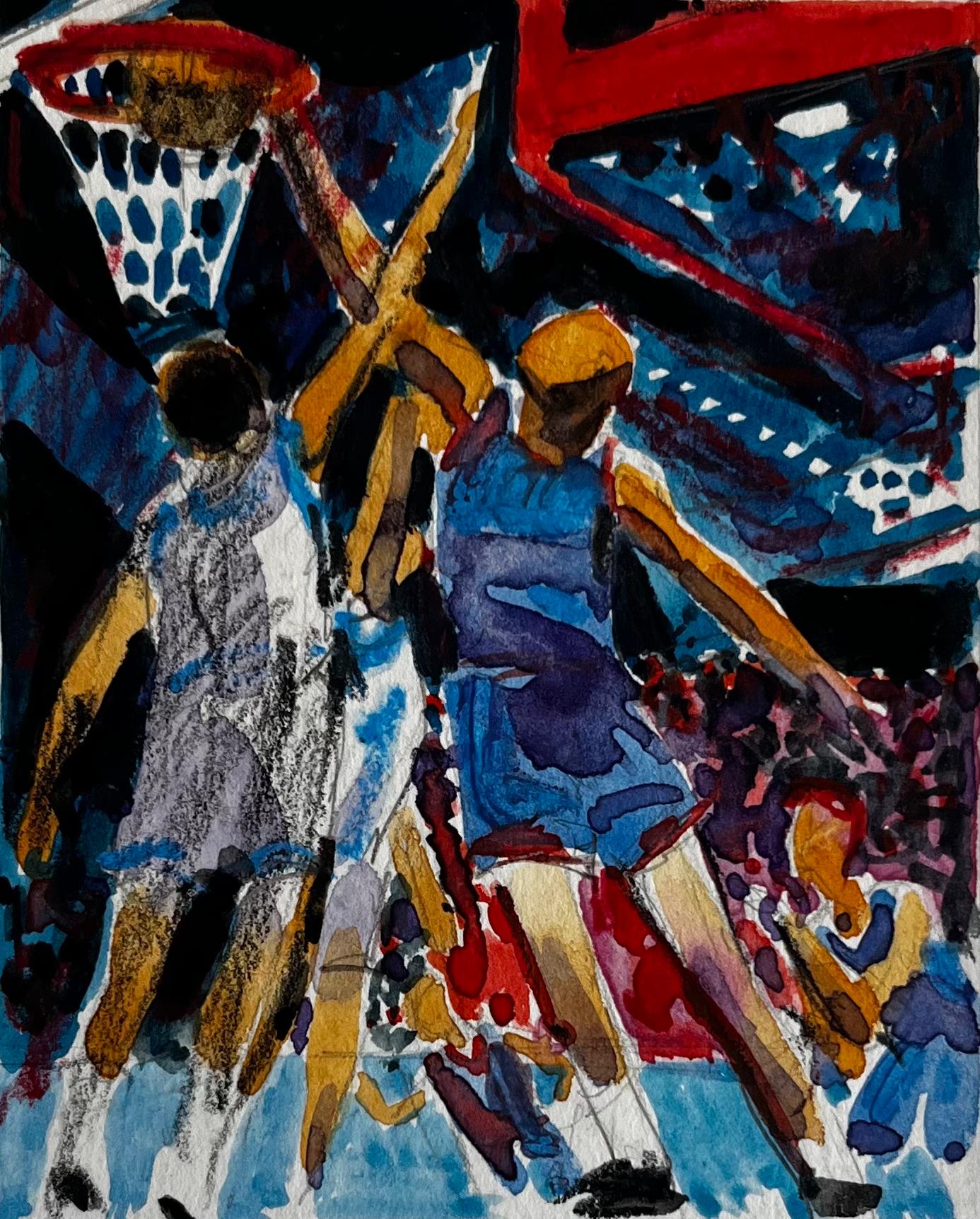 Pierre Neveu Figurative Art – Basketballspieler unter Stadionlichtern Dynamisches Aquarell der französischen Moderne