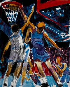 Pierre Neveu - Basketball Players Under Stadium Lights Dynamic French Modernist Watercolor Basketball Players Under Stadium Lights Dynamic French Modernist Watercolor