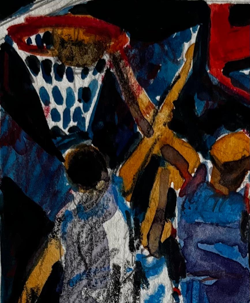 Basketballspieler unter Stadionlichtern Dynamisches Aquarell der französischen Moderne (Schwarz), Figurative Art, von Pierre Neveu