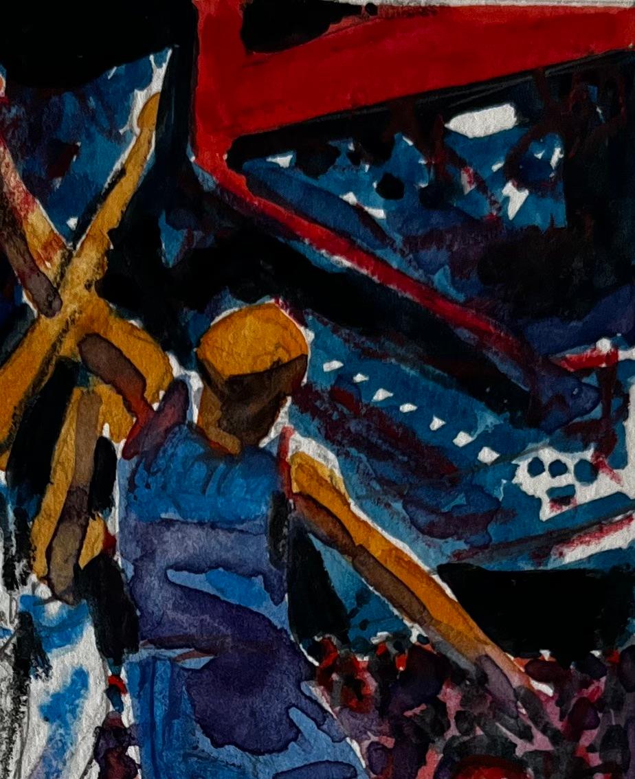 Basketballspieler unter Stadionlichtern Dynamisches Aquarell der französischen Moderne (Post-Impressionismus), Art, von Pierre Neveu