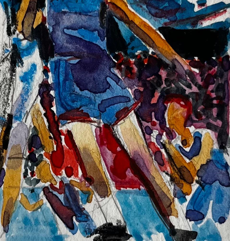 Titel: Basketballspieler unter Stadionbeleuchtung Dynamisches Aquarell der französischen Moderne
Künstler: Pierre Neveu (Franzose, geb. 1929)
Medium: Aquarell auf Papier, ungerahmt
Größe (H x B): 5,5 x 5,5 Zoll
Zustand: Insgesamt gut, mit nur