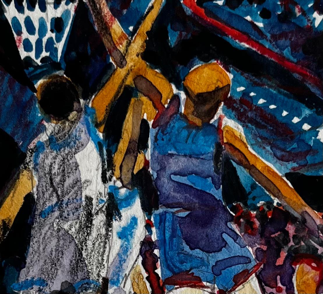 Basketballspieler unter Stadionlichtern Dynamisches Aquarell der französischen Moderne im Angebot 2