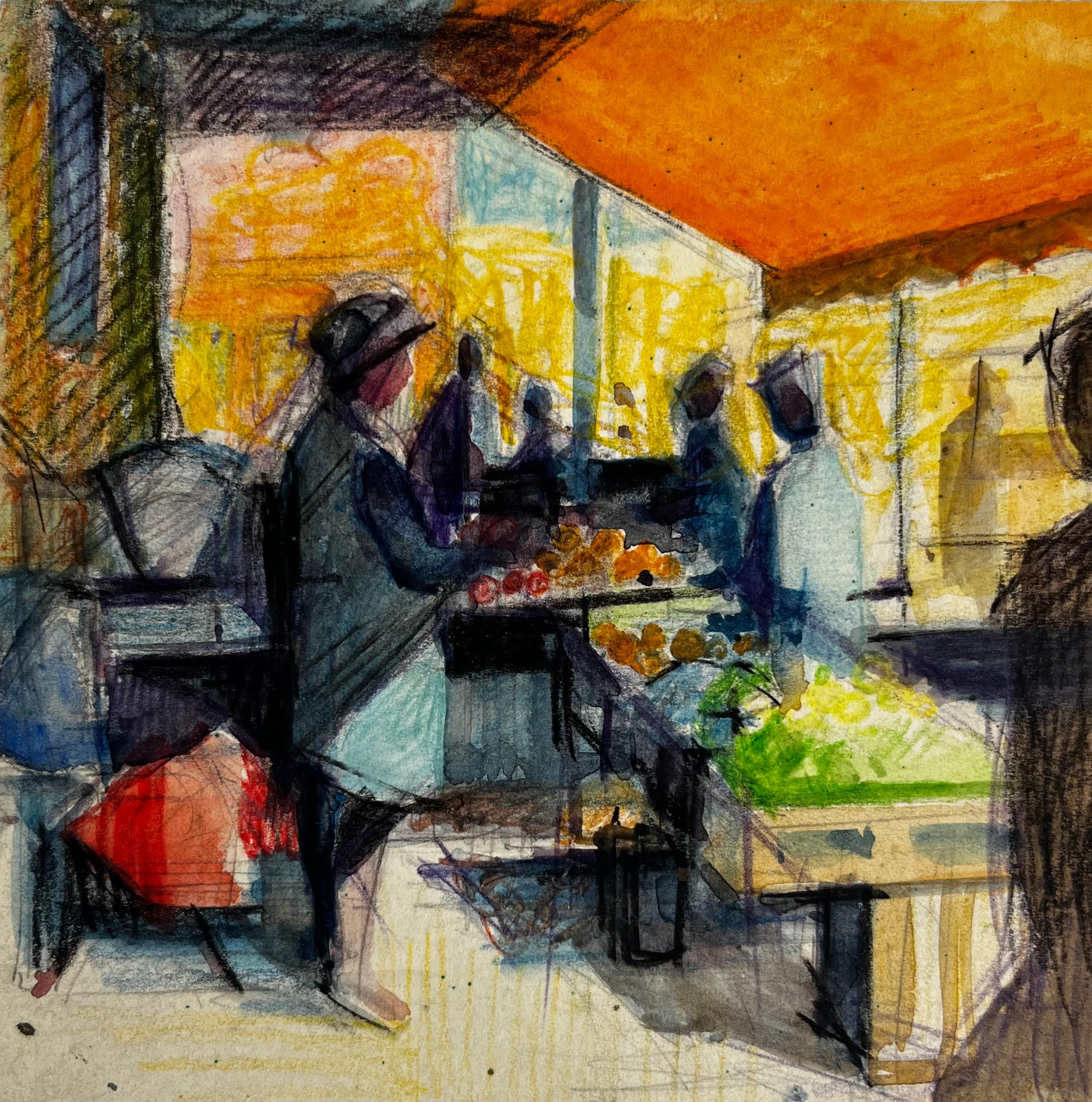 Scena di mercato francese con figure Vibrante acquerello modernista