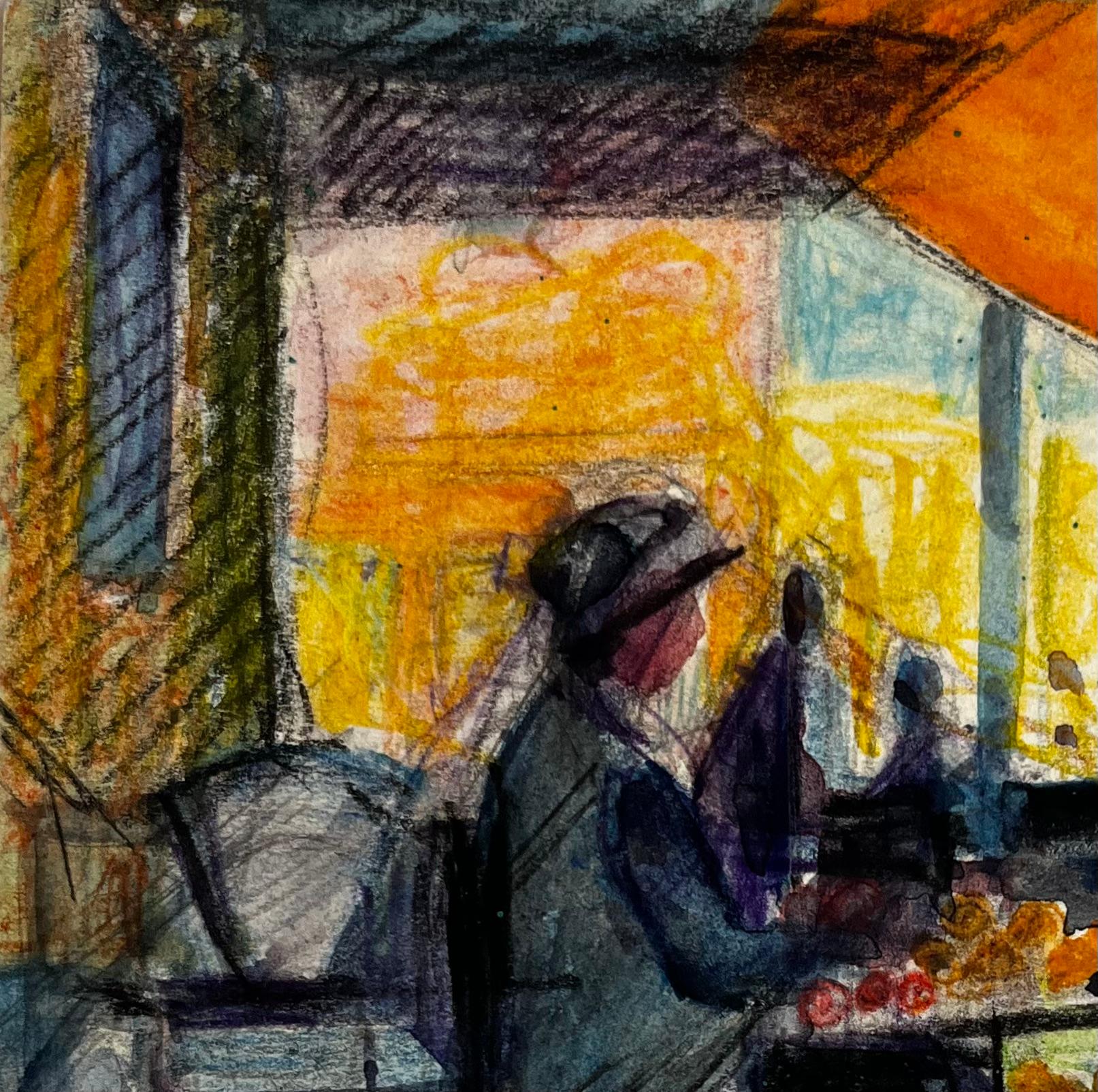 Scène d'étal de marché français avec personnages Aquarelle moderniste vibrante - Post-impressionnisme Painting par Pierre Neveu