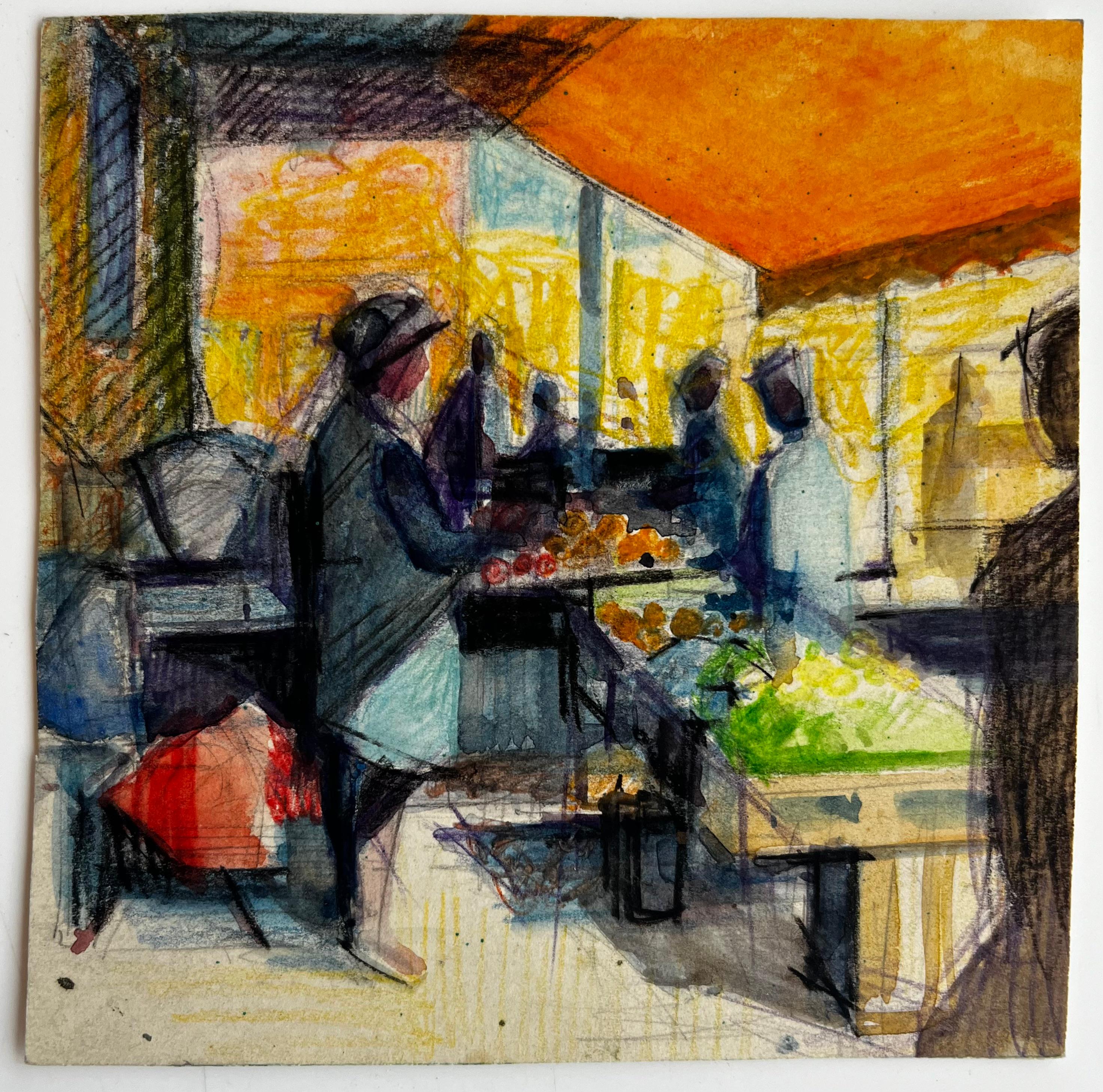 Scène d'étal de marché français avec personnages Aquarelle moderniste vibrante - Painting de Pierre Neveu