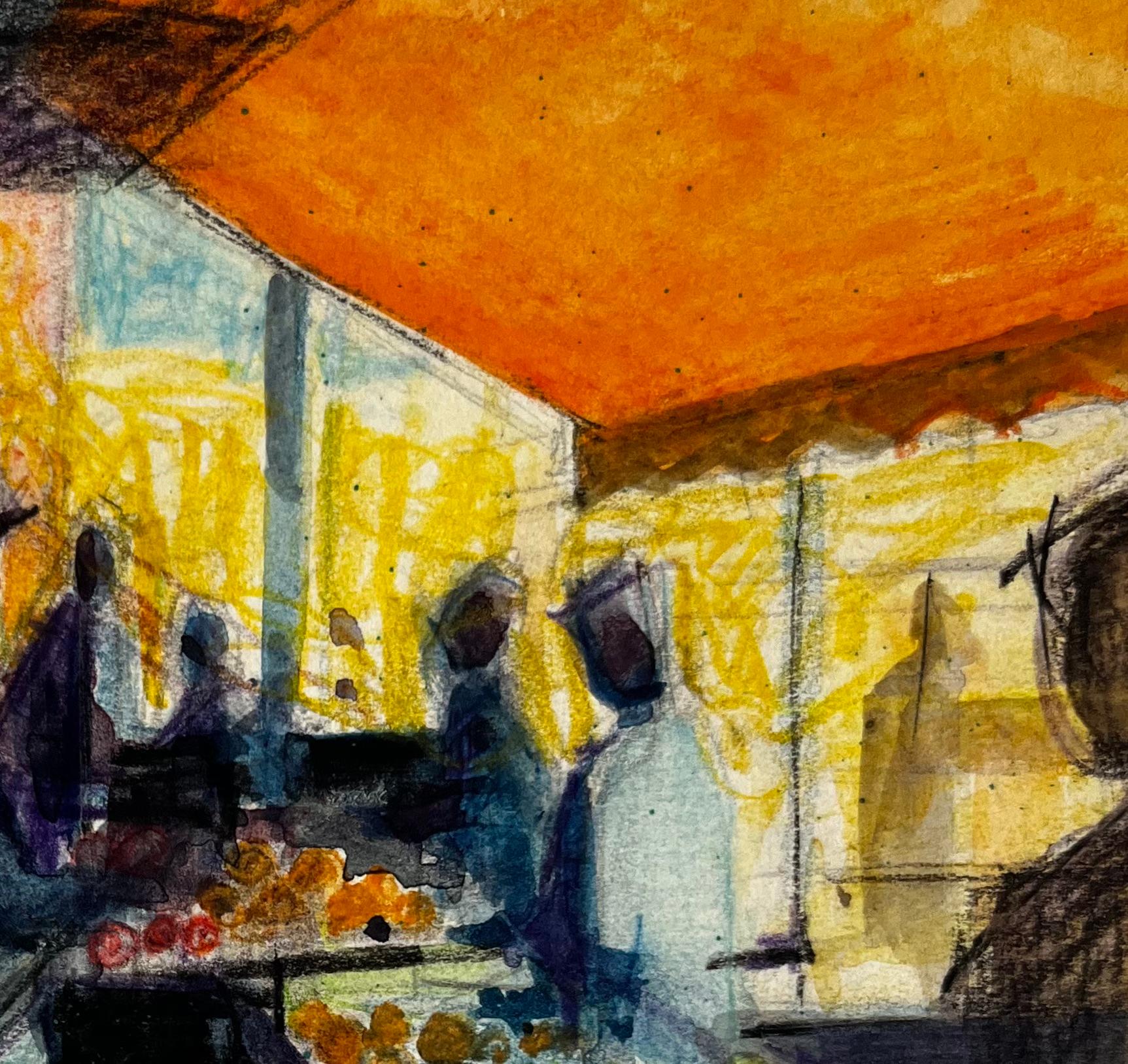 Scène d'étal de marché français avec personnages Aquarelle moderniste vibrante - Marron Figurative Painting par Pierre Neveu