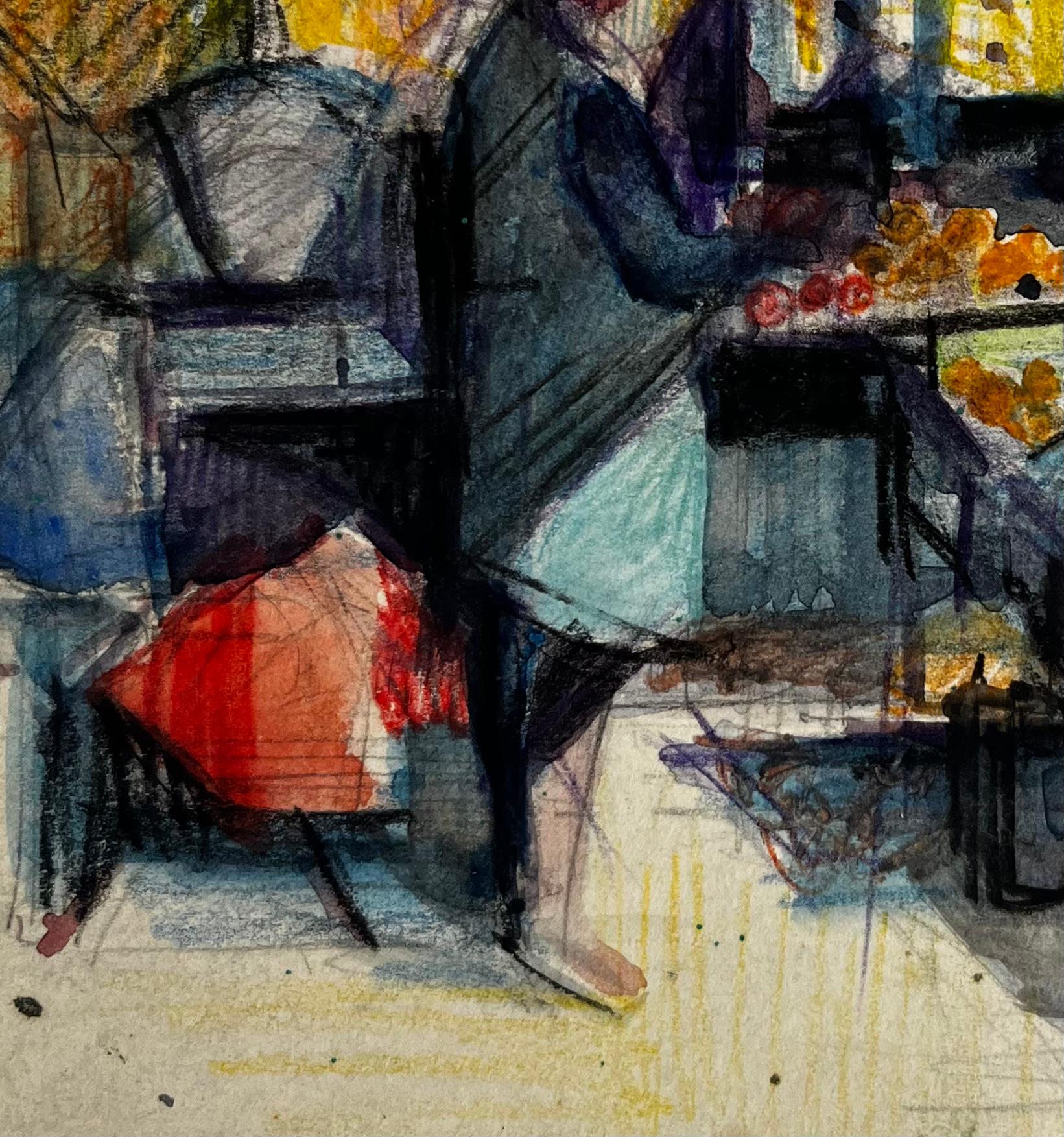 Scène d'étal de marché français avec personnages Aquarelle moderniste vibrante en vente 1