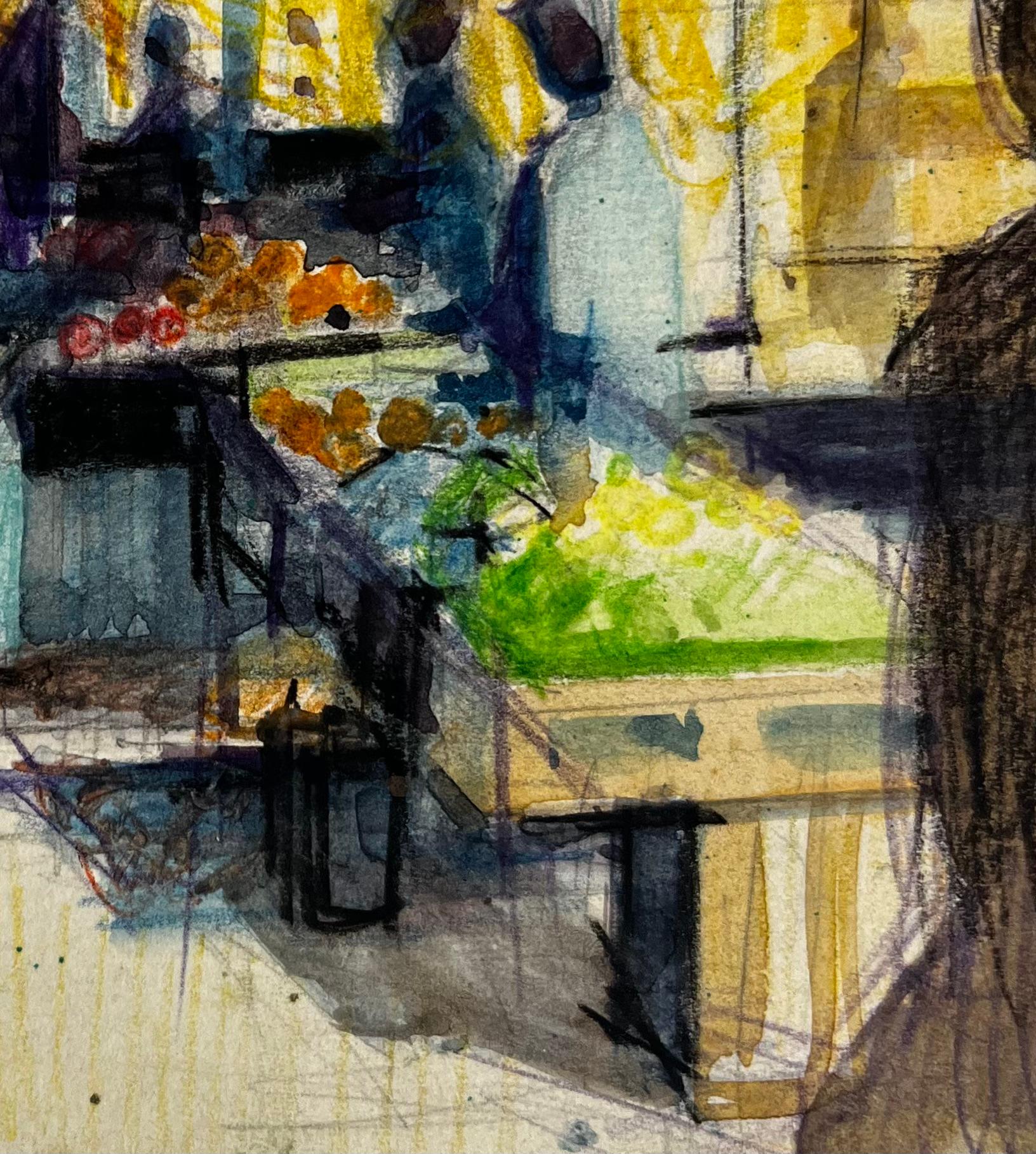 Titre : Scène de marché français avec personnages Aquarelle moderniste vibrante
Artistics : Pierre Neveu (français né en 1929)
Médium : Aquarelle et techniques mixtes sur papier d'artiste, non encadré
Taille (H x L) : 5.5 x 5.5 pouces
Condit : Bon