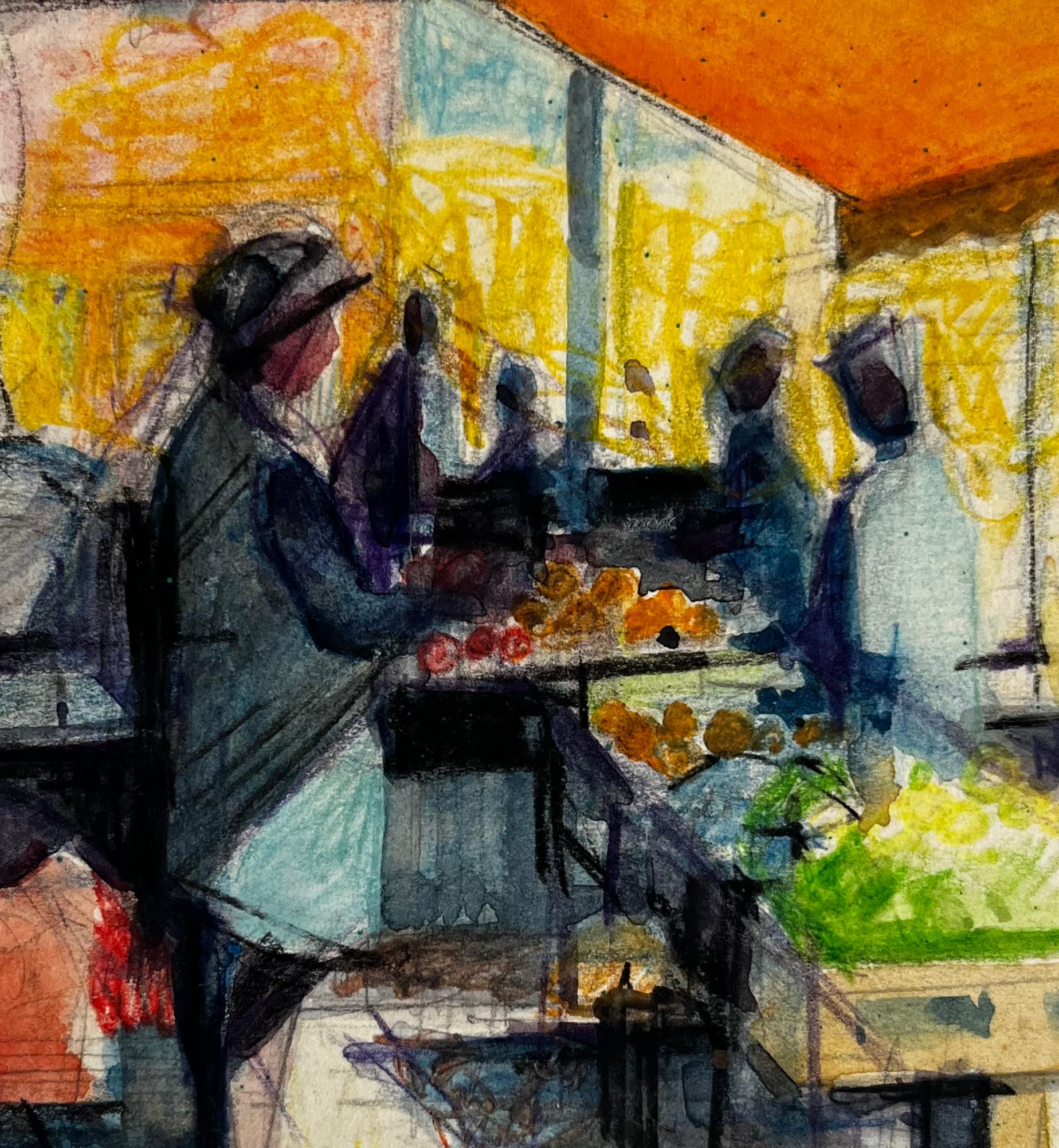 Scène d'étal de marché français avec personnages Aquarelle moderniste vibrante en vente 2