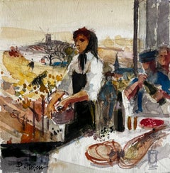 Pierre Neveu - Village Market Woman Preparing Produce French Rural Modernist Watercolor Village Market Woman Preparing Produce French Rural Modernist Watercolor