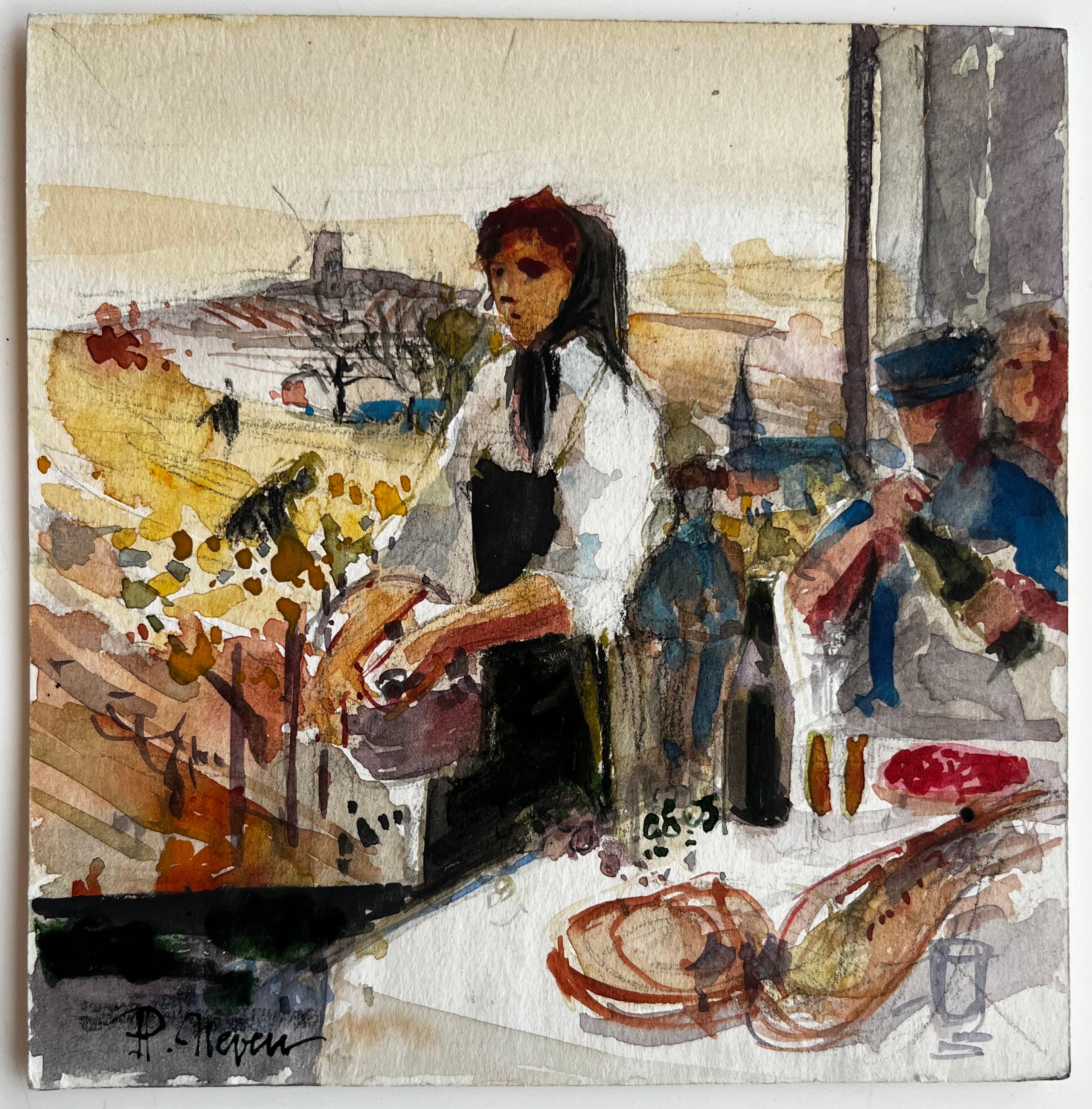 Donna del mercato del villaggio che prepara i prodotti Acquerello rurale modernista francese - Art di Pierre Neveu