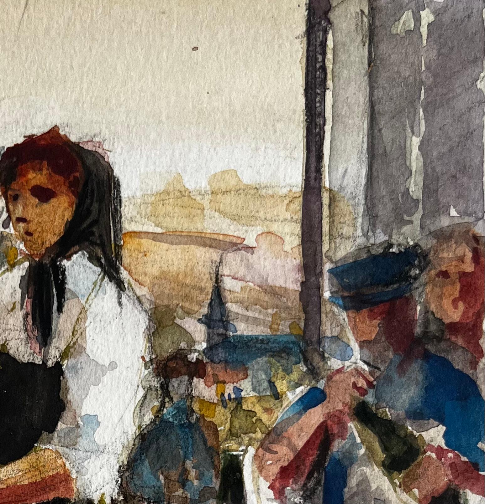 Donna del mercato del villaggio che prepara i prodotti Acquerello rurale modernista francese - Figurative Art Marrone di Pierre Neveu