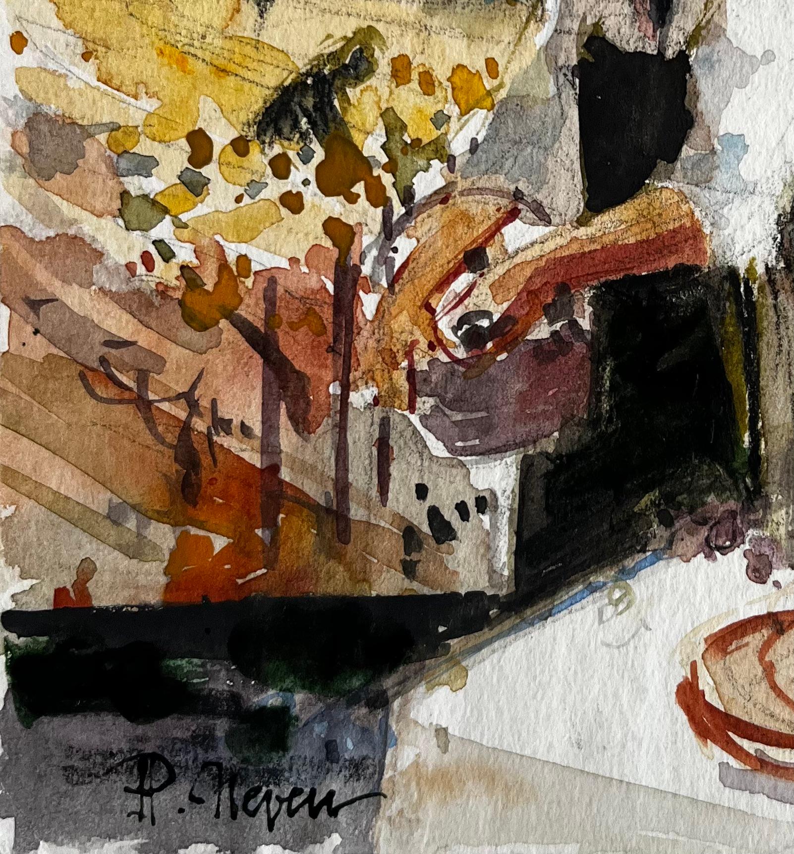 Donna del mercato del villaggio che prepara i prodotti Acquerello rurale modernista francese in vendita 1