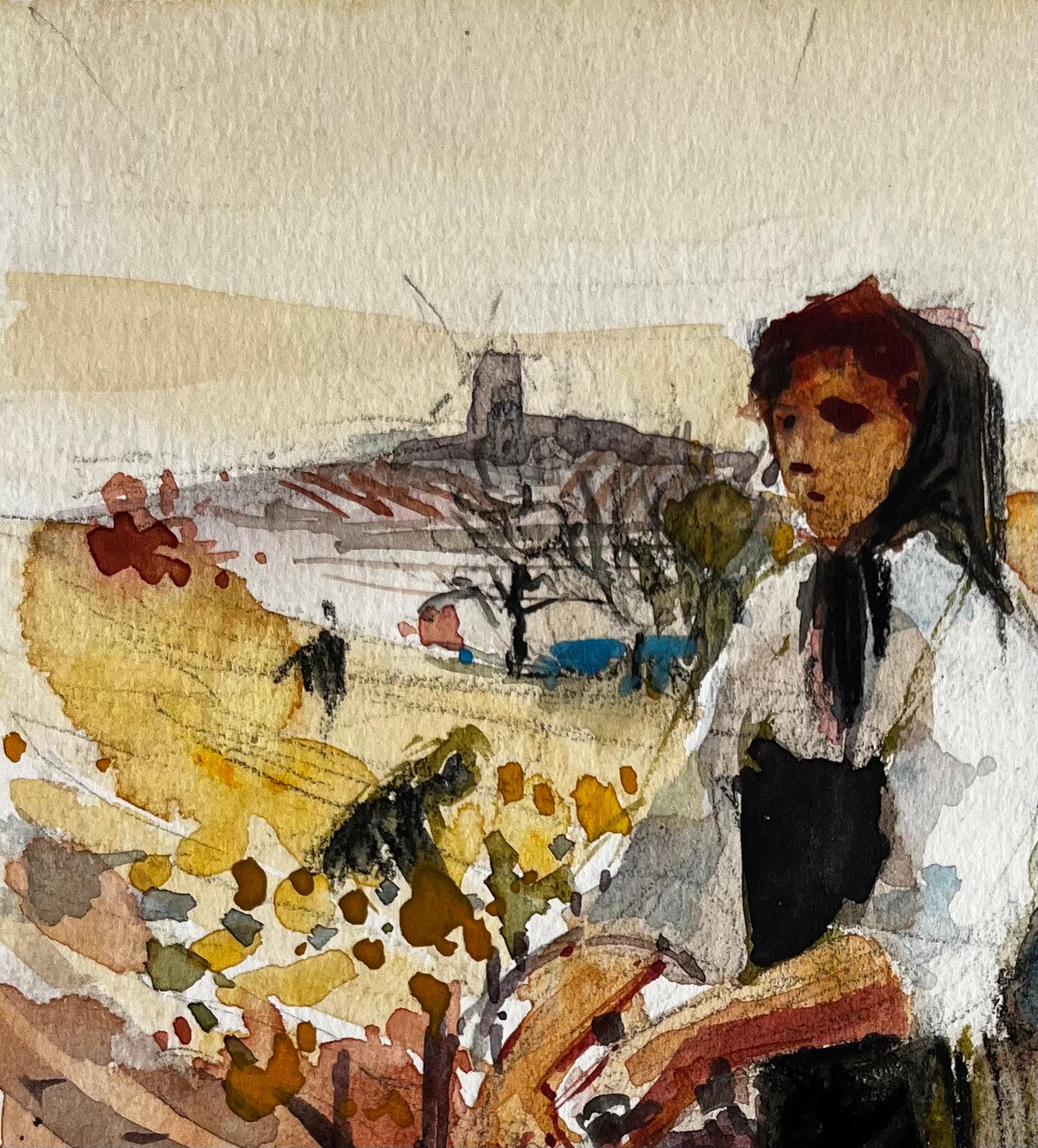 Donna del mercato del villaggio che prepara i prodotti Acquerello rurale modernista francese - Art Postimpressionismo di Pierre Neveu