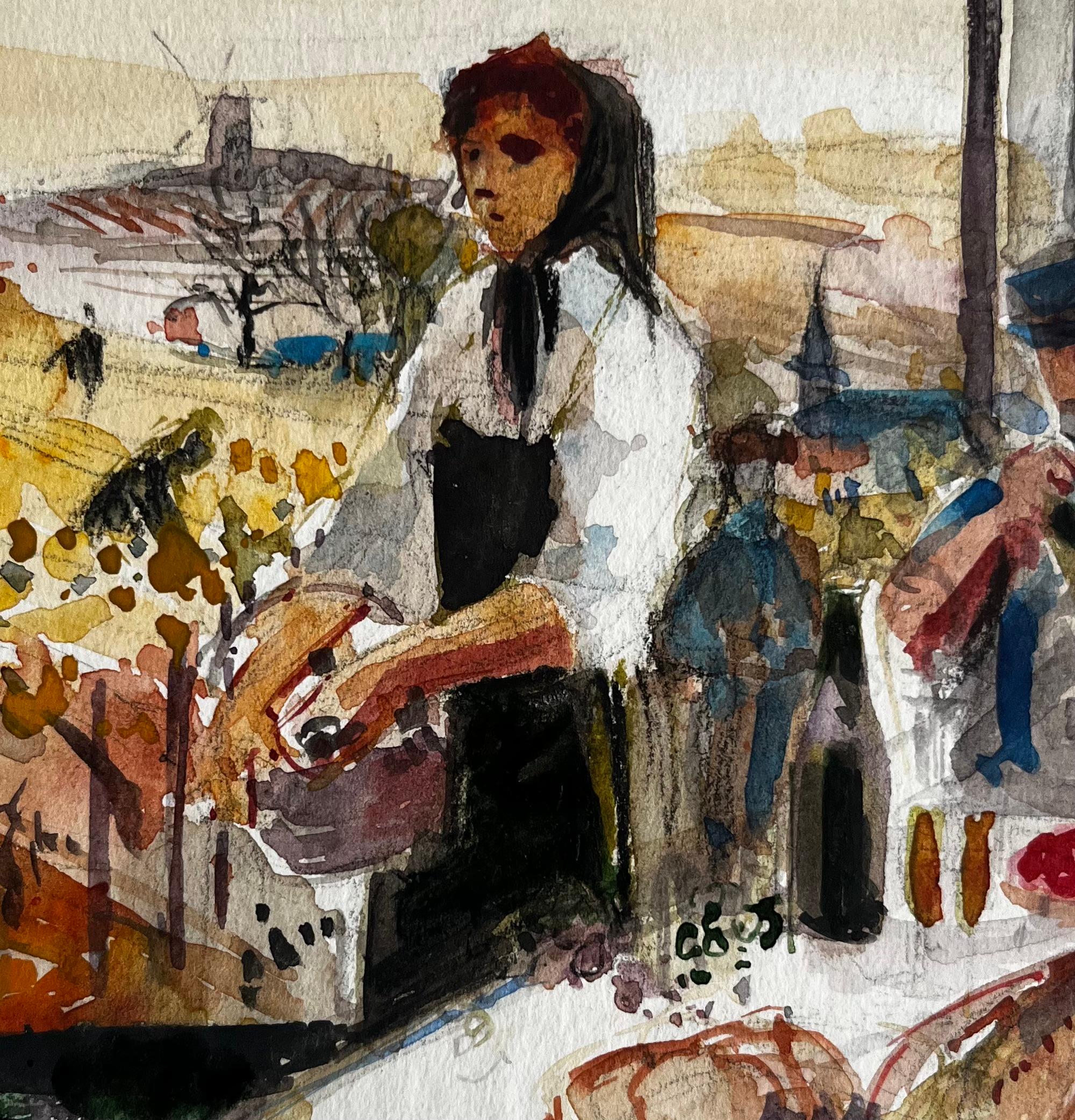 Donna del mercato del villaggio che prepara i prodotti Acquerello rurale modernista francese in vendita 2