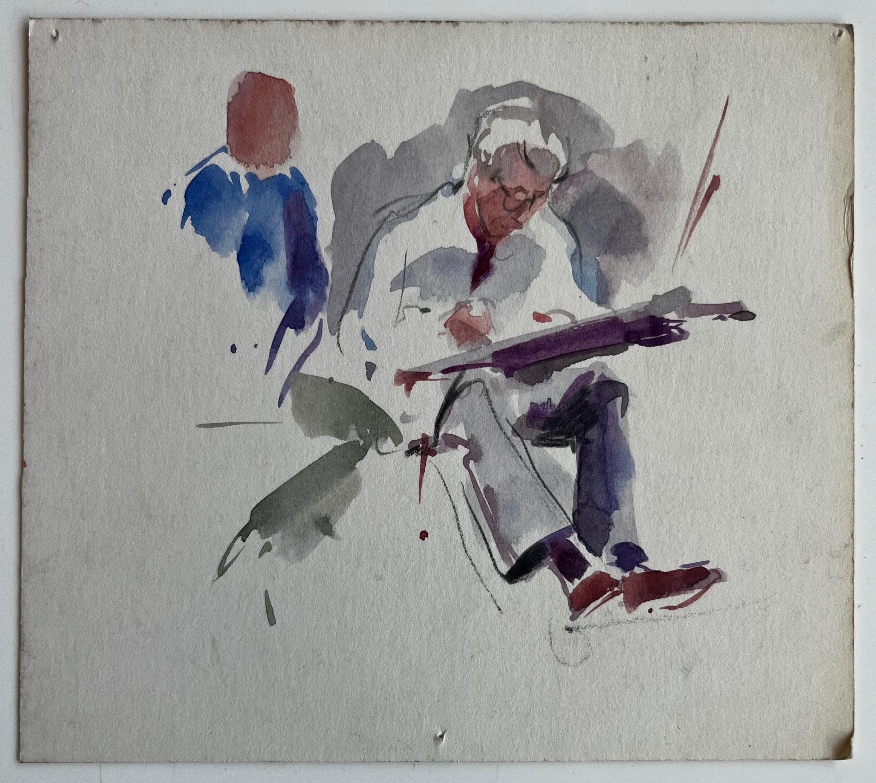Künstler Skizzieren Sitzende Figur Studie Französisch Modernist Aquarell – Art von Pierre Neveu