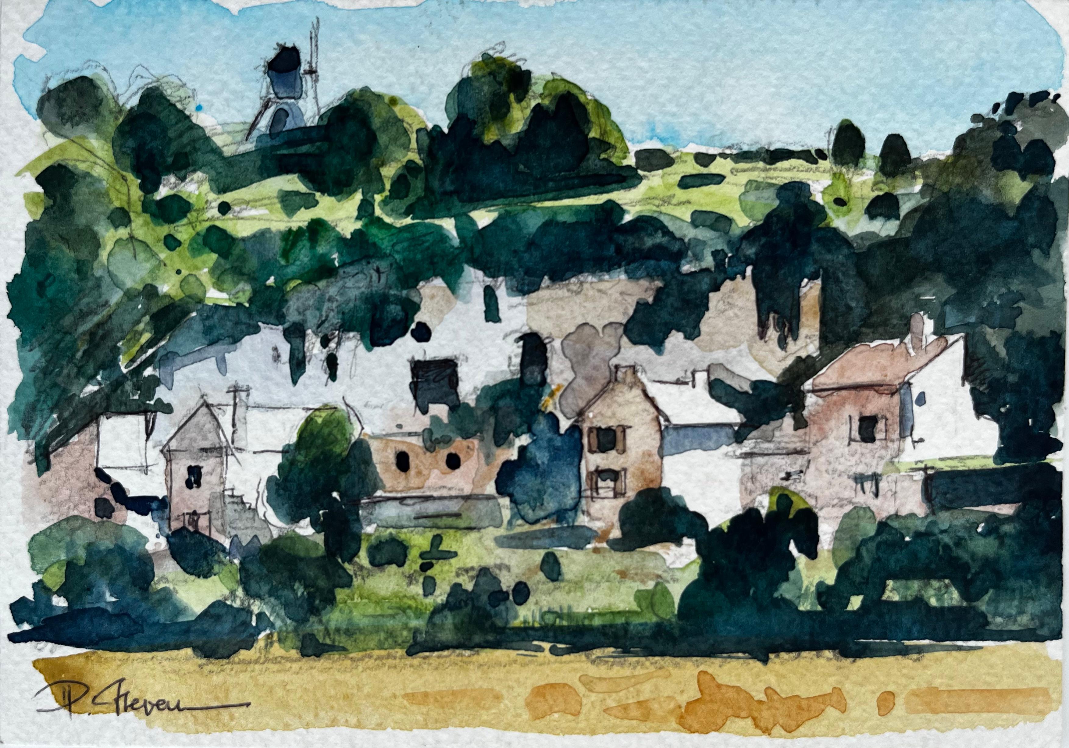 Villaggio francese in collina con alberi e torre della chiesa Acquerello modernista