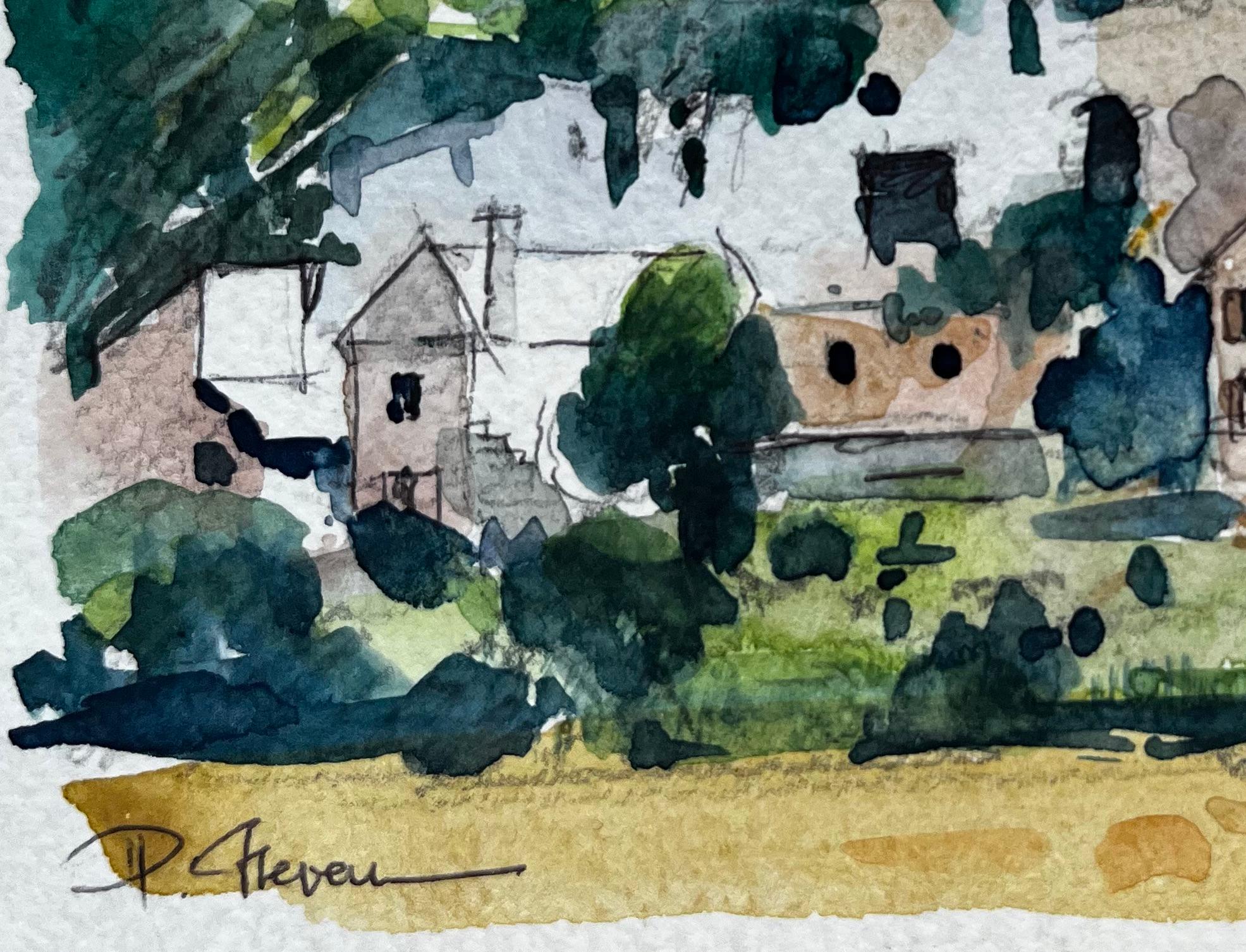 Village français à flanc de colline avec arbres et tour d'église Aquarelle moderniste - Post-impressionnisme Painting par Pierre Neveu