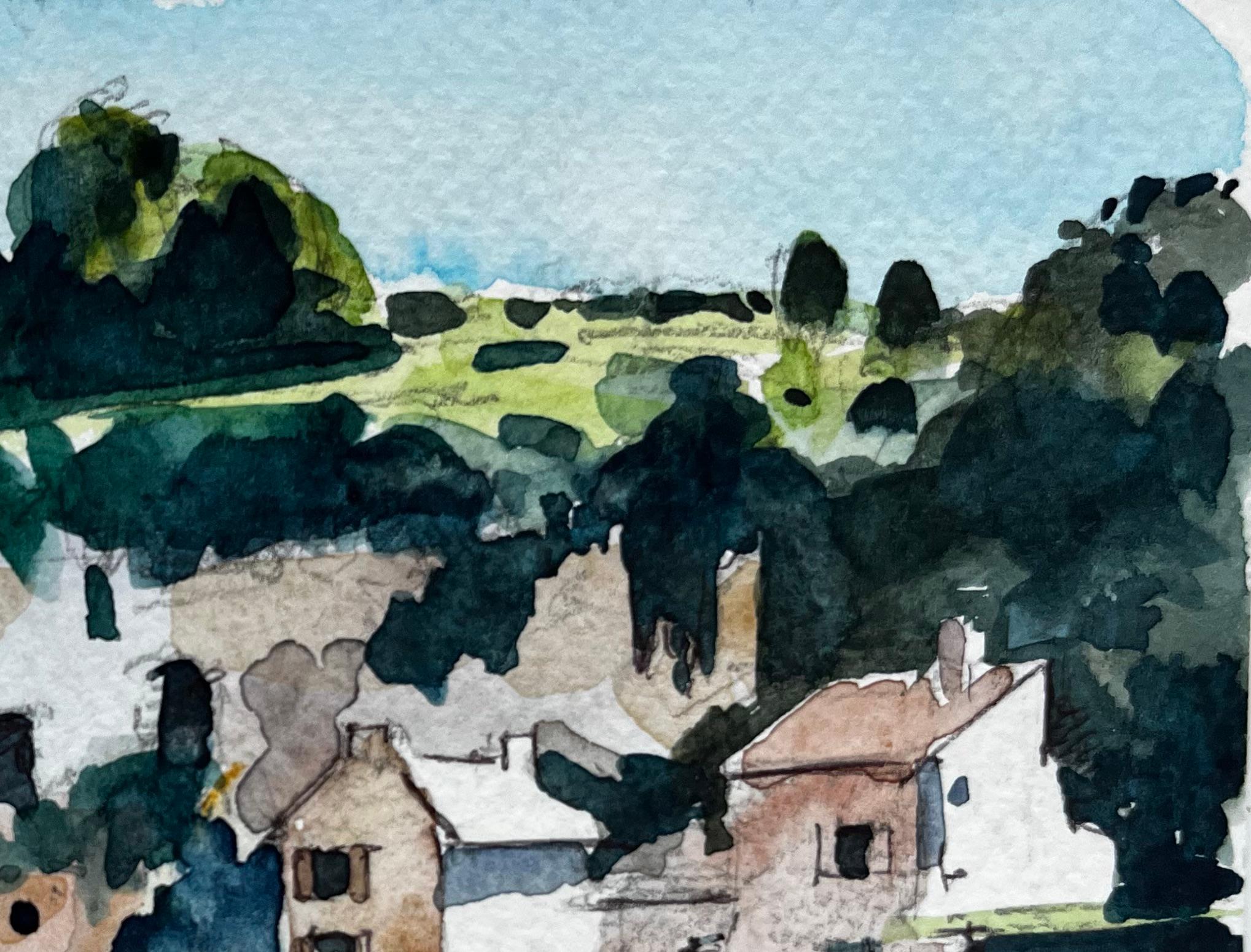 Village français à flanc de colline avec arbres et tour d'église Aquarelle moderniste en vente 1