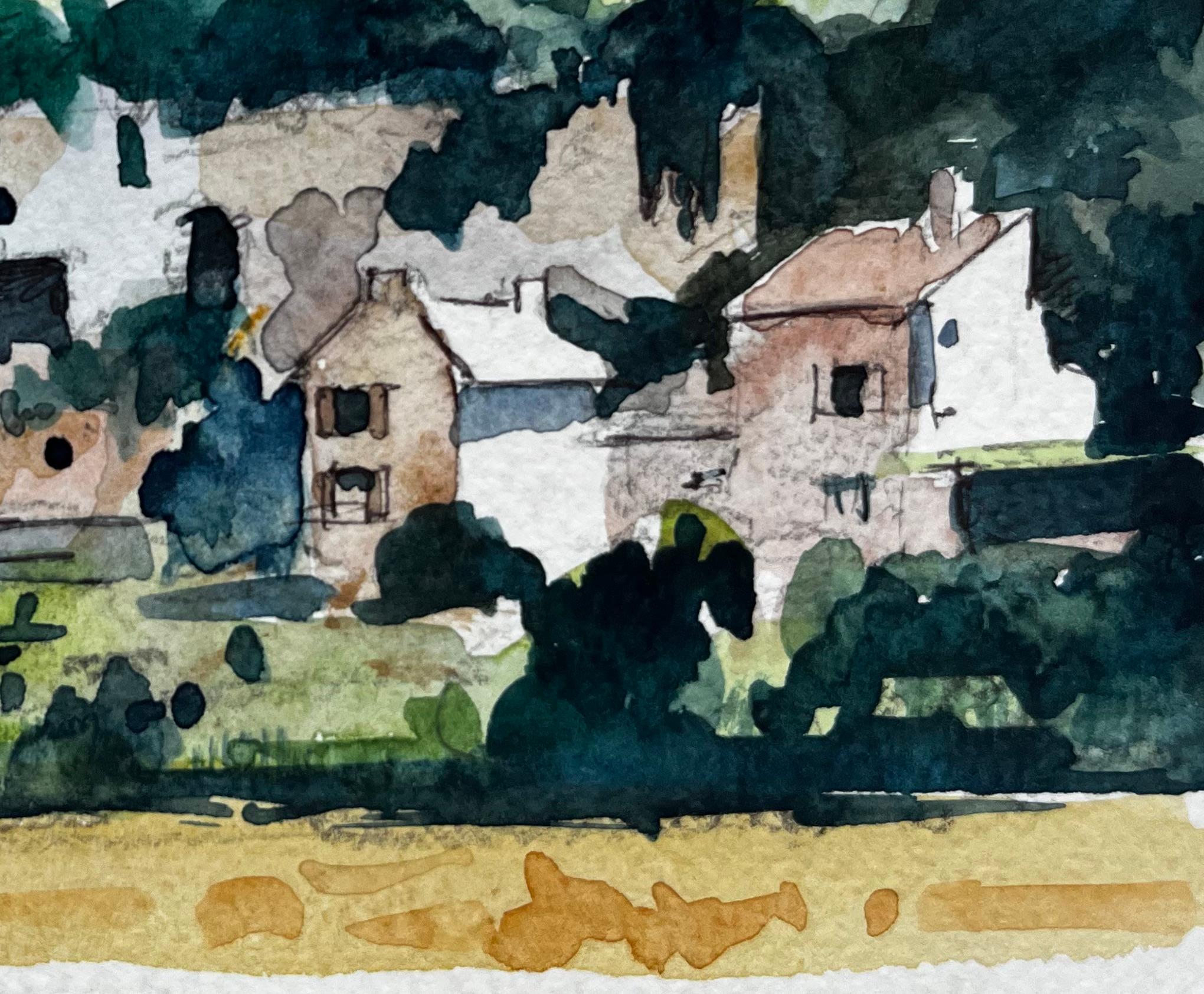 Titre : Village français à flanc de colline avec arbres et tour d'église Aquarelle moderniste
Artistics : Pierre Neveu (français né en 1929)
Moyen d'expression : Aquarelle sur papier d'artiste, non encadrée
Taille (H x L) : 4 x 5.75 pouces
Signé en