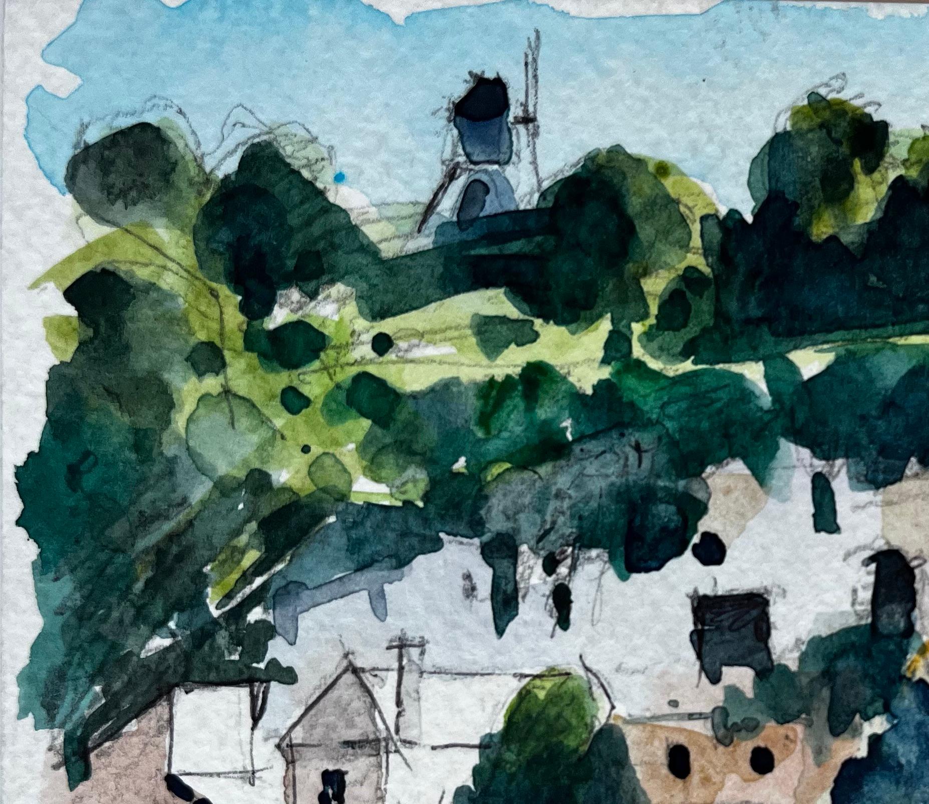 Village français à flanc de colline avec arbres et tour d'église Aquarelle moderniste - Gris Landscape Painting par Pierre Neveu