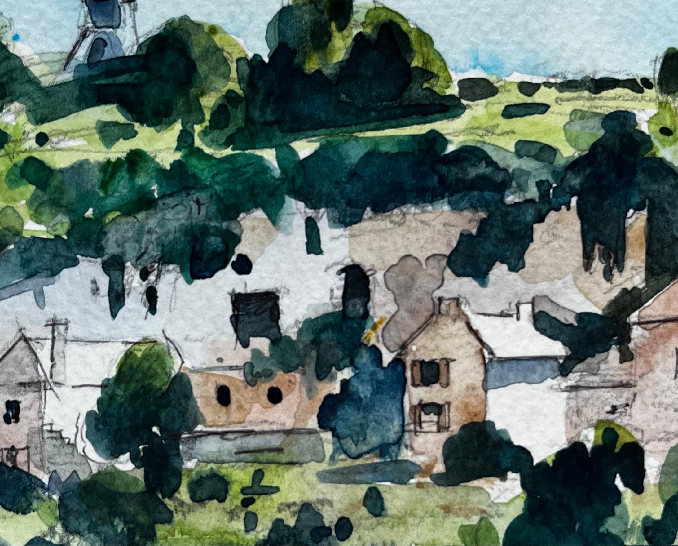 Village français à flanc de colline avec arbres et tour d'église Aquarelle moderniste en vente 2