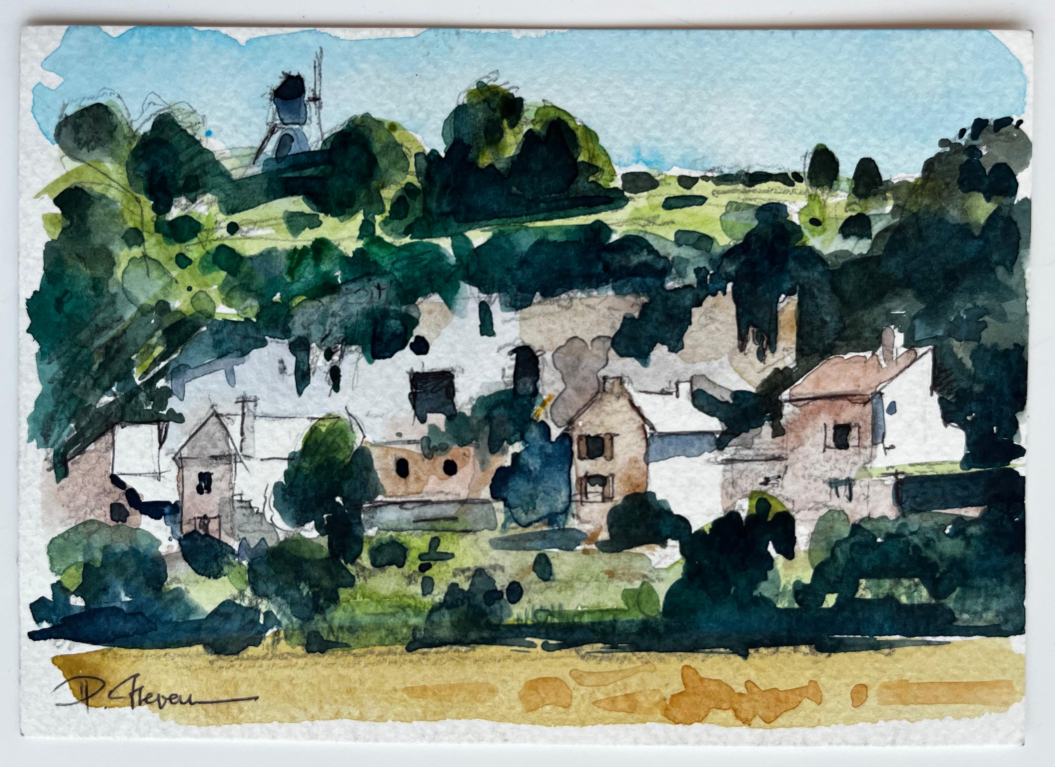 Village français à flanc de colline avec arbres et tour d'église Aquarelle moderniste - Painting de Pierre Neveu