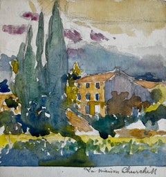 French Village House with Cypress Trees La Maison Churchill Watercolor Landscape