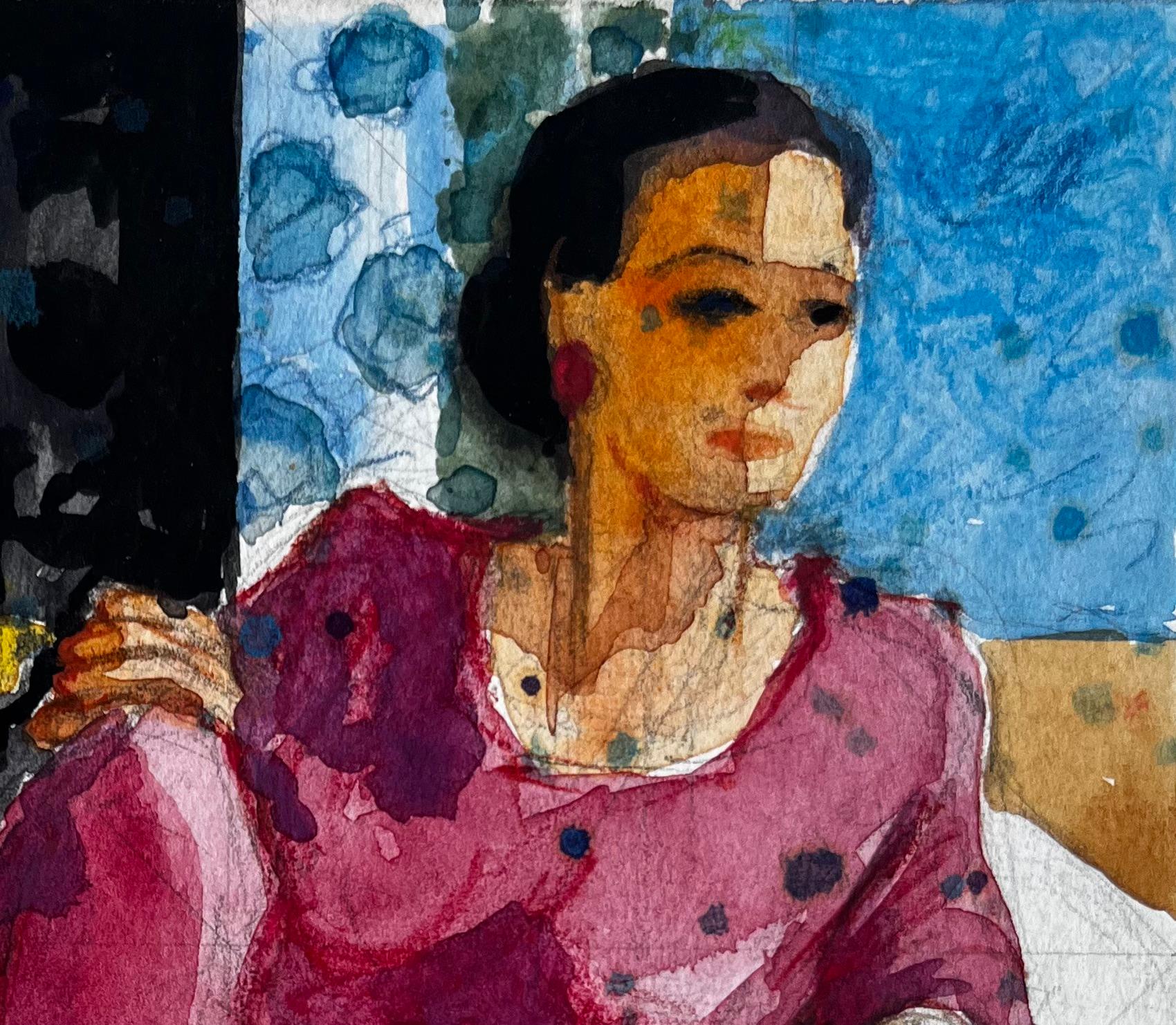 Femme en robe rose avec fleurs et agrumes Nature morte à l'aquarelle française - Art de Pierre Neveu