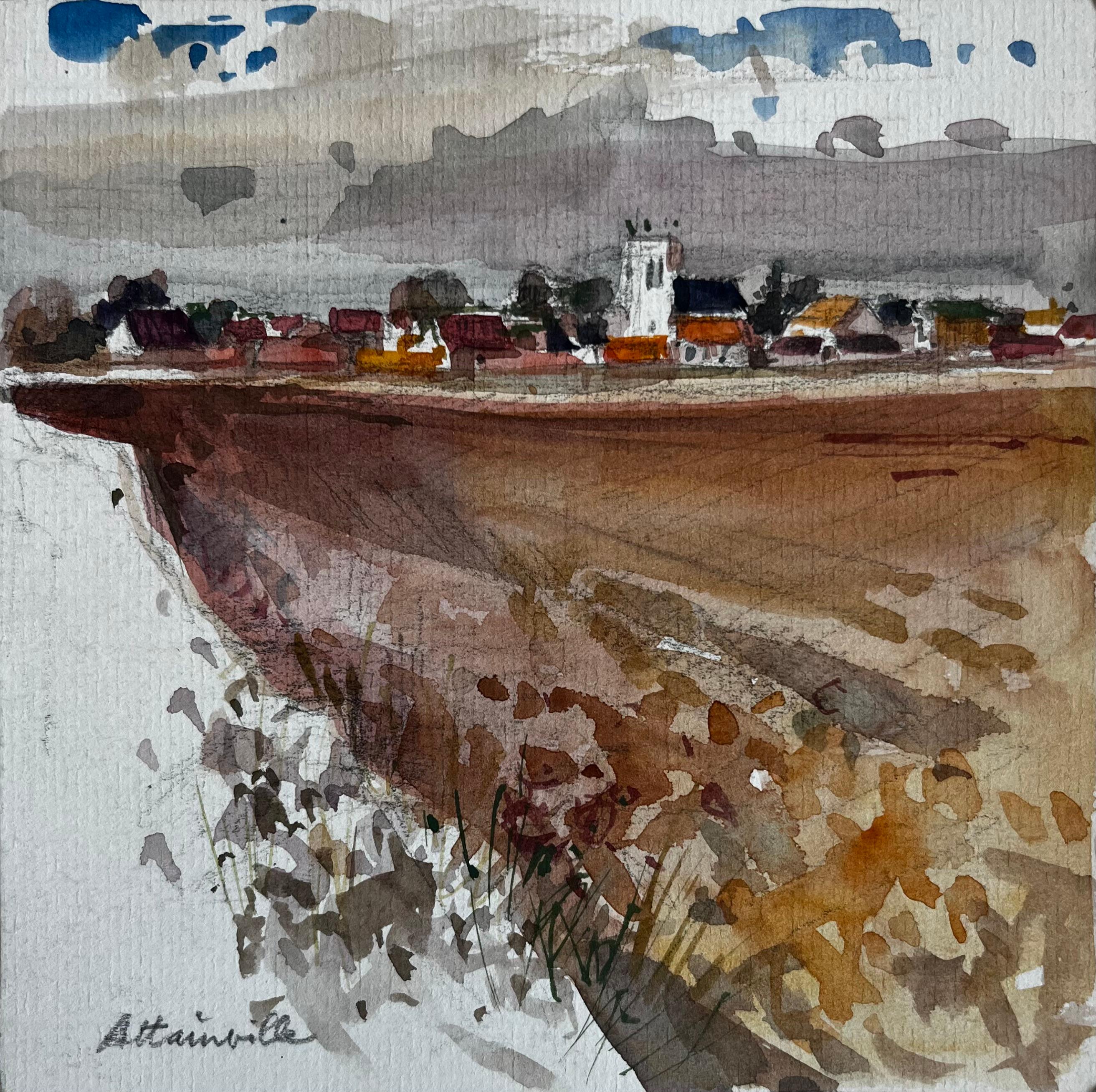 Landscape Painting di Pierre Neveu - Attainville, villaggio costiero francese, paesaggio di scogliera con chiesa, acquerello