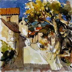 Französisches provenzalisches Dorf Straßenszene mit Bäumen Aquarell Gouache