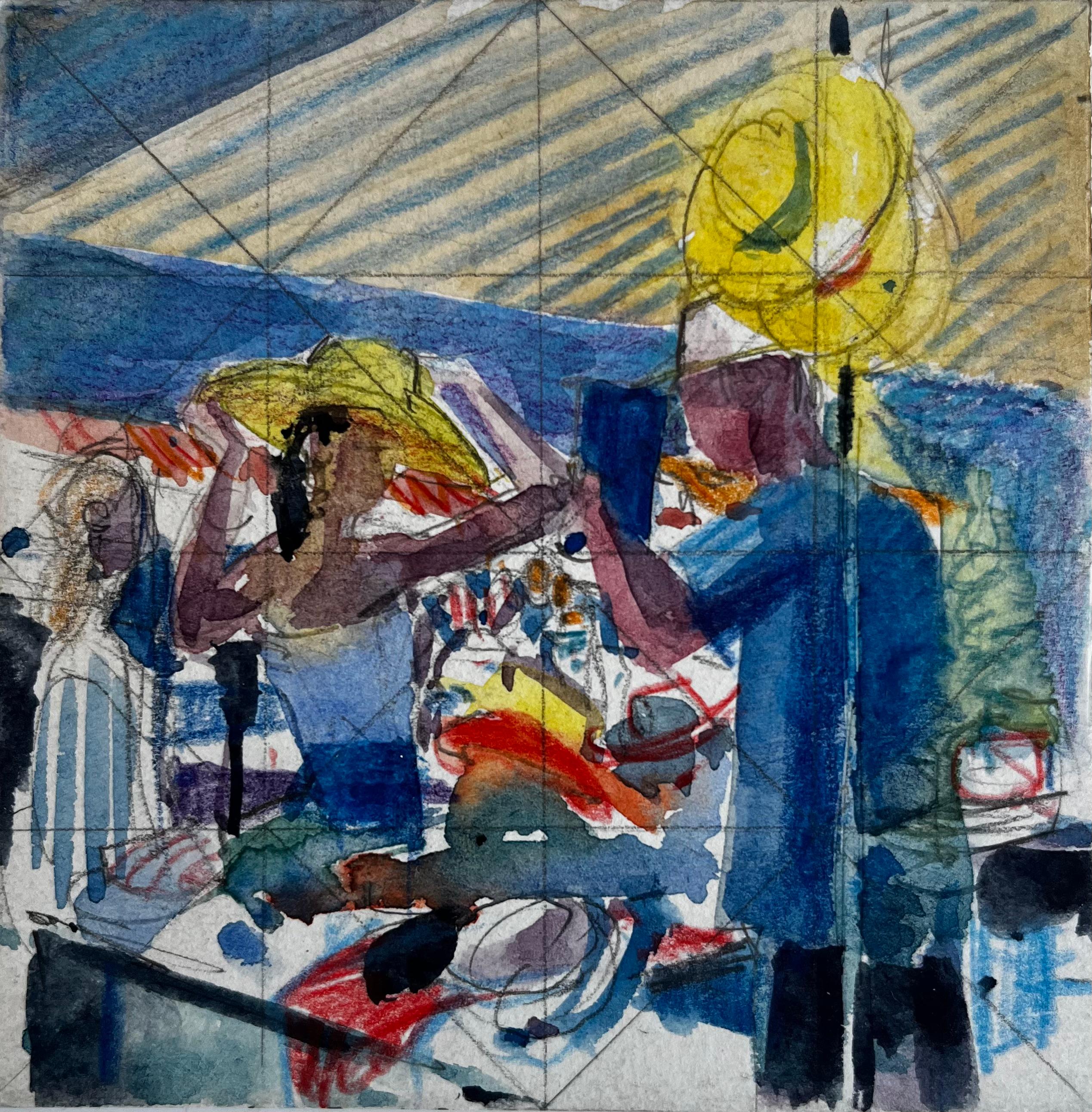 Abstrakte figurative Szene mit Figuren in Hüte Französisch Modern Aquarell Gouache