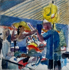 Abstrakte figurative Szene mit Figuren in Hüte Französisch Modern Aquarell Gouache