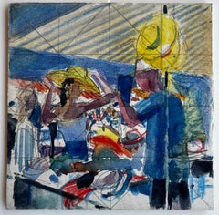 Scena figurativa astratta con figure con cappelli Acquerello moderno francese Gouache