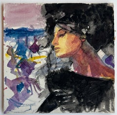 Expressive Female Portrait With Hat French Modernist Watercolor Gouache