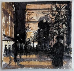 Piazza della città francese con figure, archi e alberi, acquerello d'atmosfera