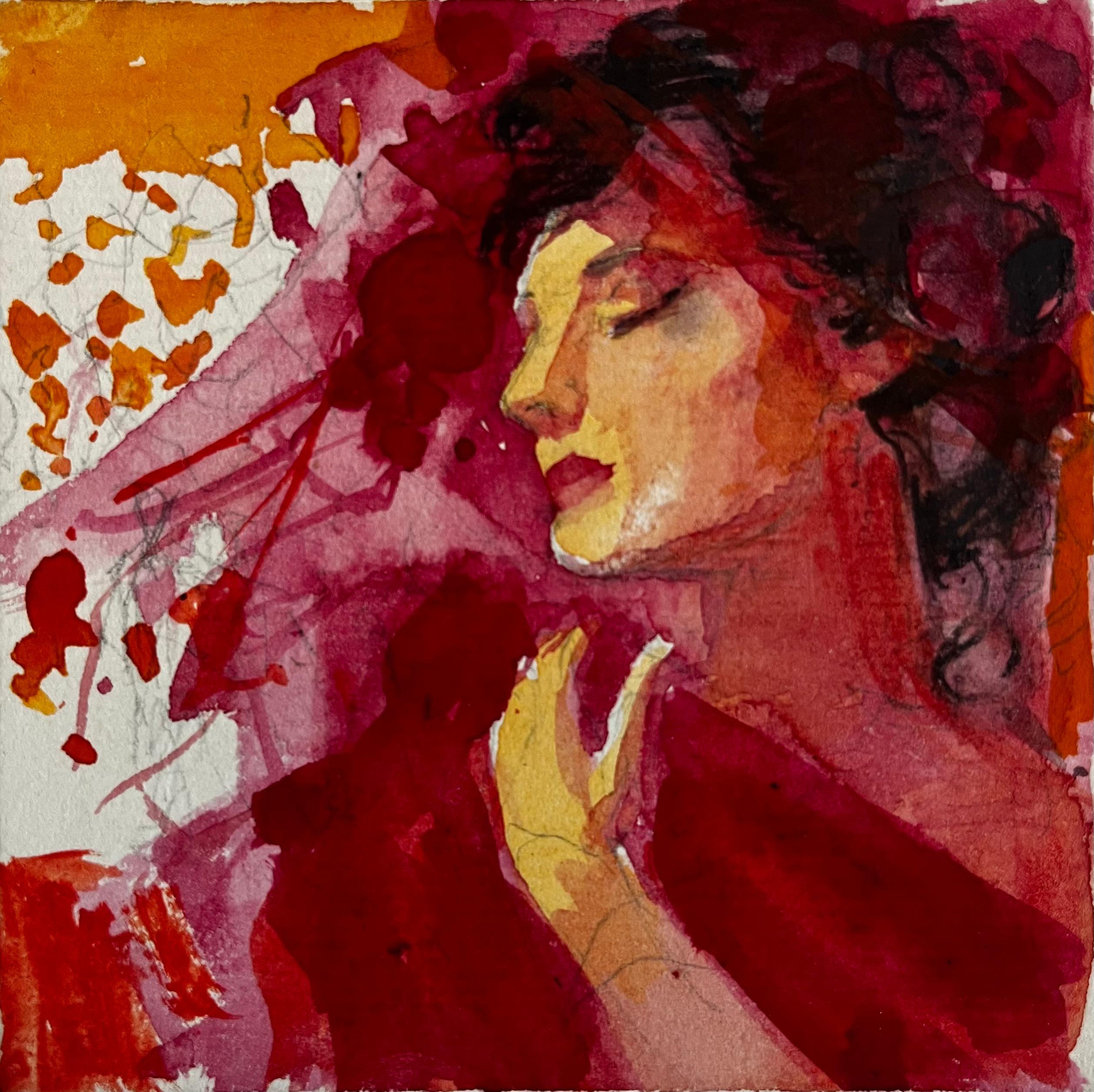 Figurative Painting di Pierre Neveu - Ritratto femminile espressivo in rosso acquerello guazzo francese modernista