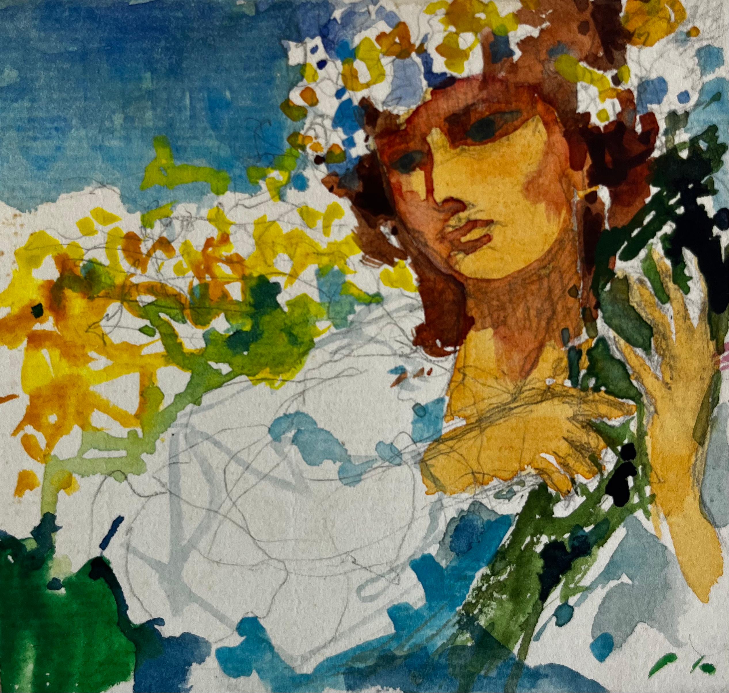 Ritratto femminile espressivo con mano alzata Acquerello francese modernista Gouache