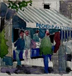 Pierre Neveu - Pecherie De LOcean Scena di mercato francese con figure Acquerello Gouache Pecherie De LOcean Scena di mercato francese con figure Acquerello Gouache