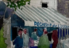 Pecherie De LOcean French Market Scene With Figures Watercolor Gouache