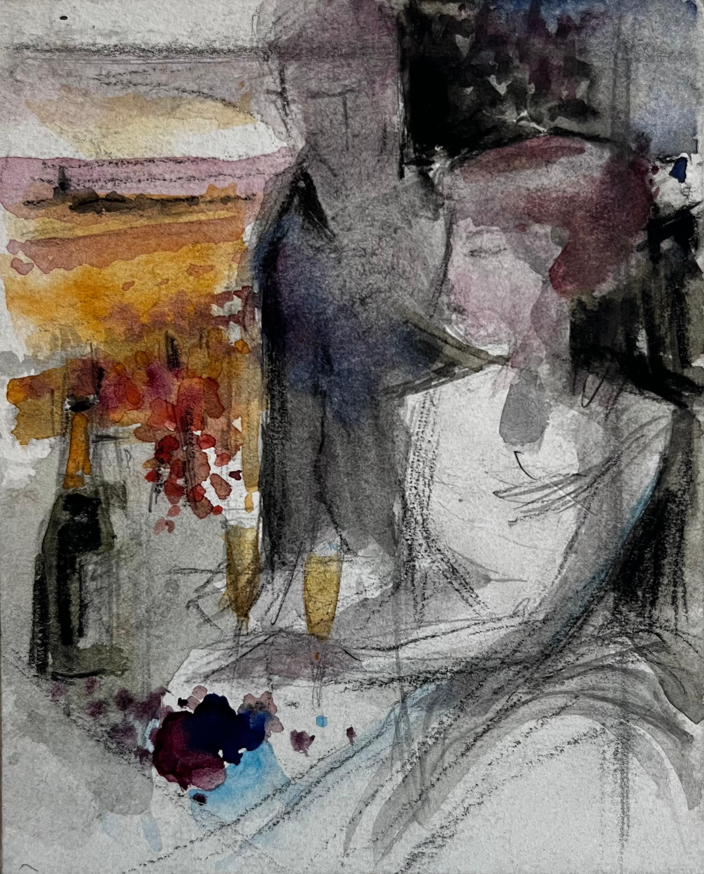 Abstraktes figuratives Innenstillleben mit Flaschenblumen und sitzender Figur